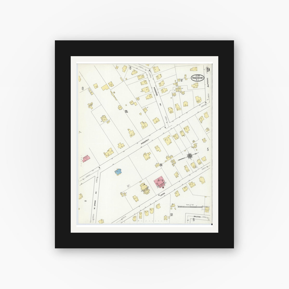 Old map wall art mockup — black gallery frame with white mat — Sanborn Fire Insurance Map from Ridgewood, Bergen County, New Jersey (1911), Sheet #0009