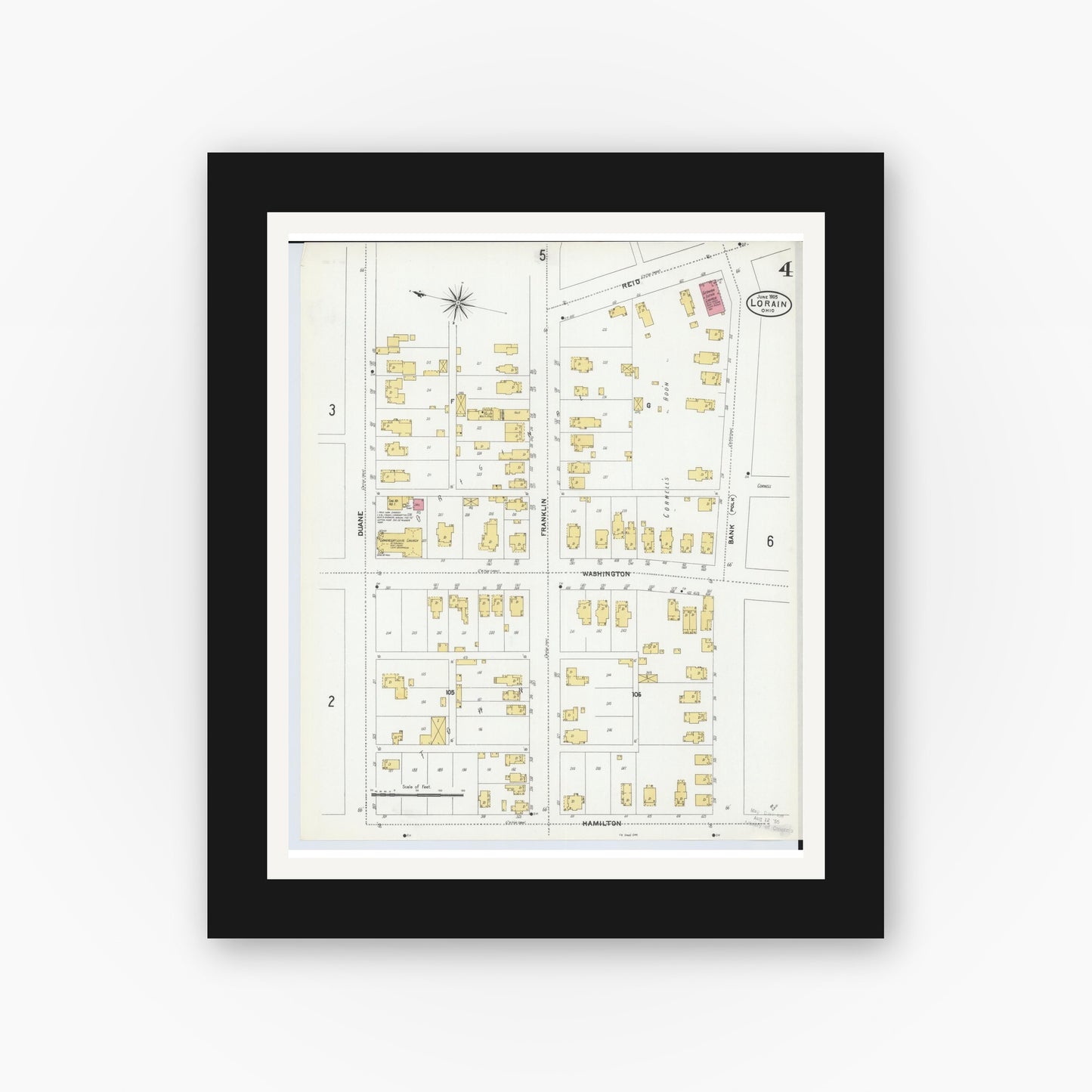 Old map wall art mockup — black gallery frame with white mat — Sanborn Fire Insurance Map from Lorain, Lorain County, Ohio (1905), Sheet #0004