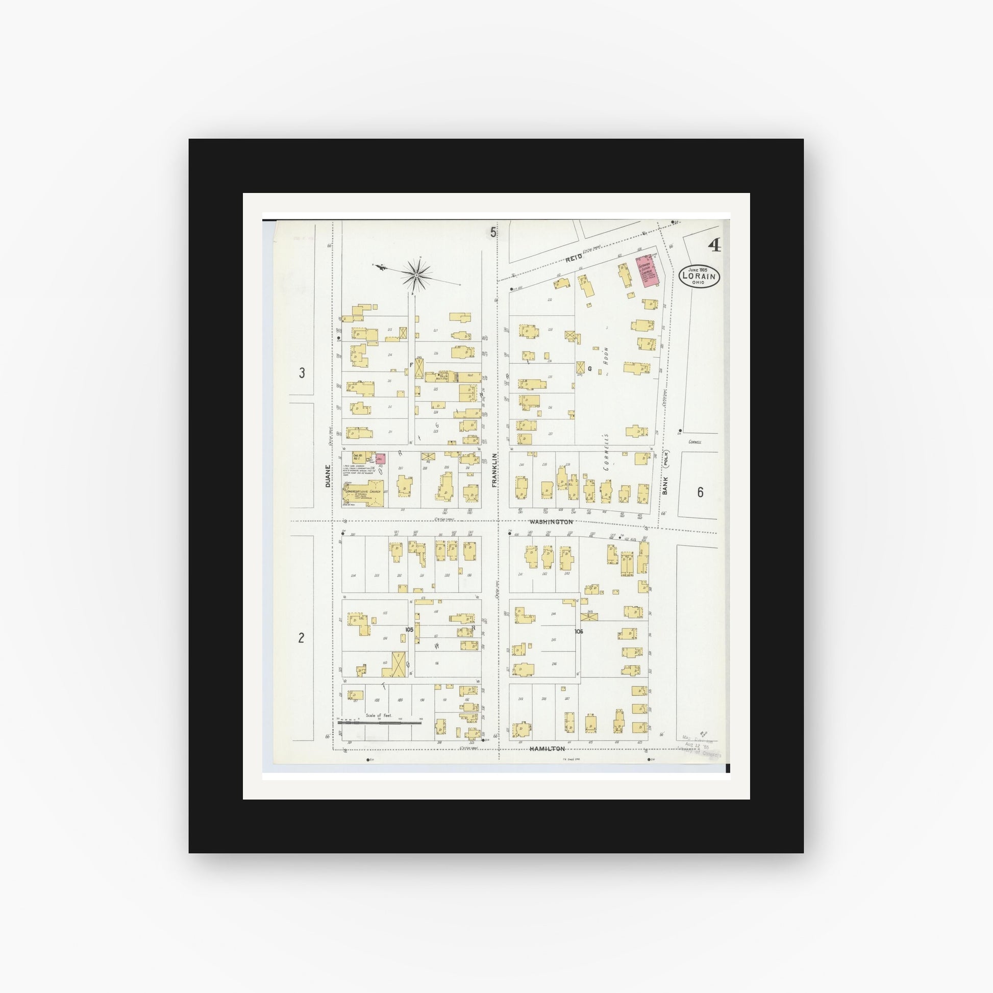 Old map wall art mockup — black gallery frame with white mat — Sanborn Fire Insurance Map from Lorain, Lorain County, Ohio (1905), Sheet #0004