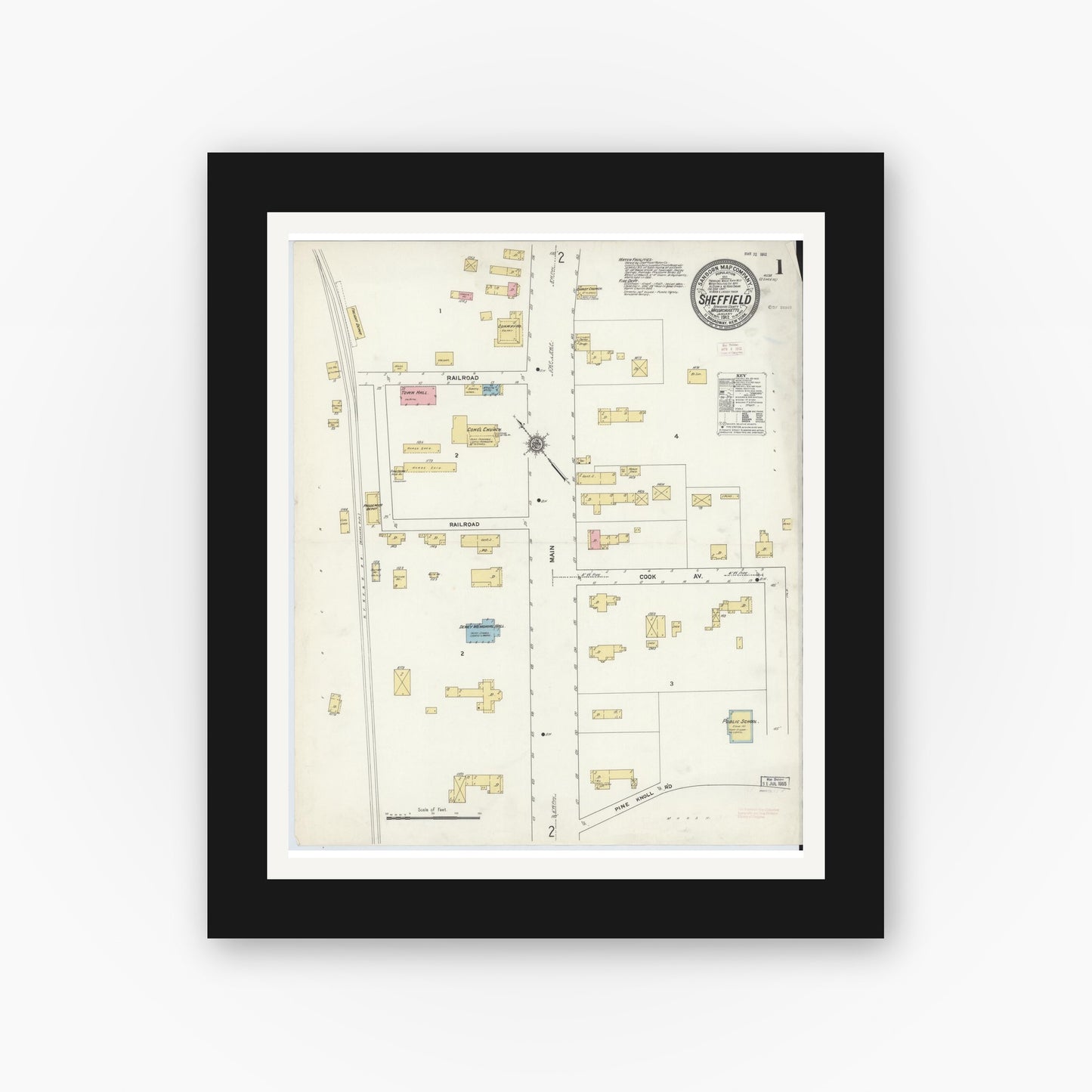 Old map wall art mockup — black gallery frame with white mat — Sanborn Fire Insurance Map from Sheffield, Berkshire County, Massachusetts (1912), Sheet #0001