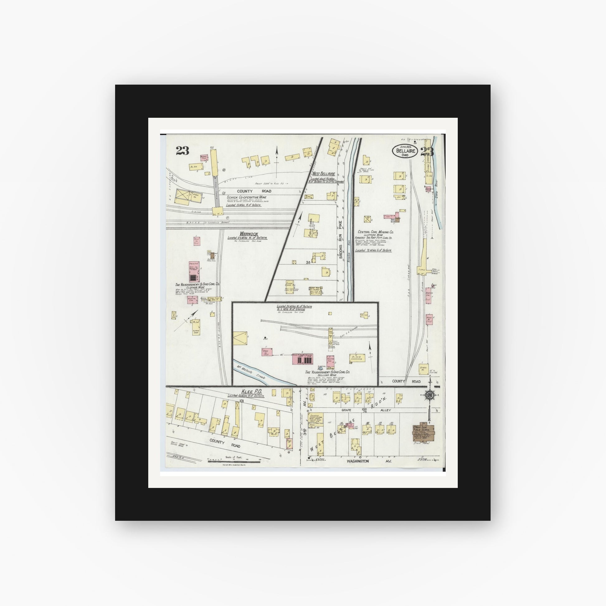 Old map wall art mockup — black gallery frame with white mat — Sanborn Fire Insurance Map from Bellaire, Belmont County, Ohio (1924), Sheet #0023