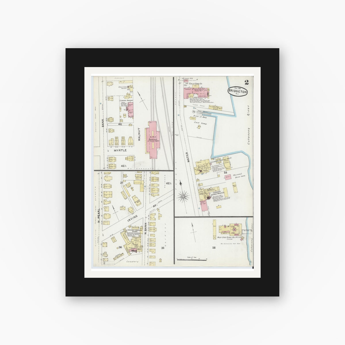 Old map wall art mockup — black gallery frame with white mat — Sanborn Fire Insurance Map from Bridgeton, Cumberland County, New Jersey (1891) - Complete Map Set