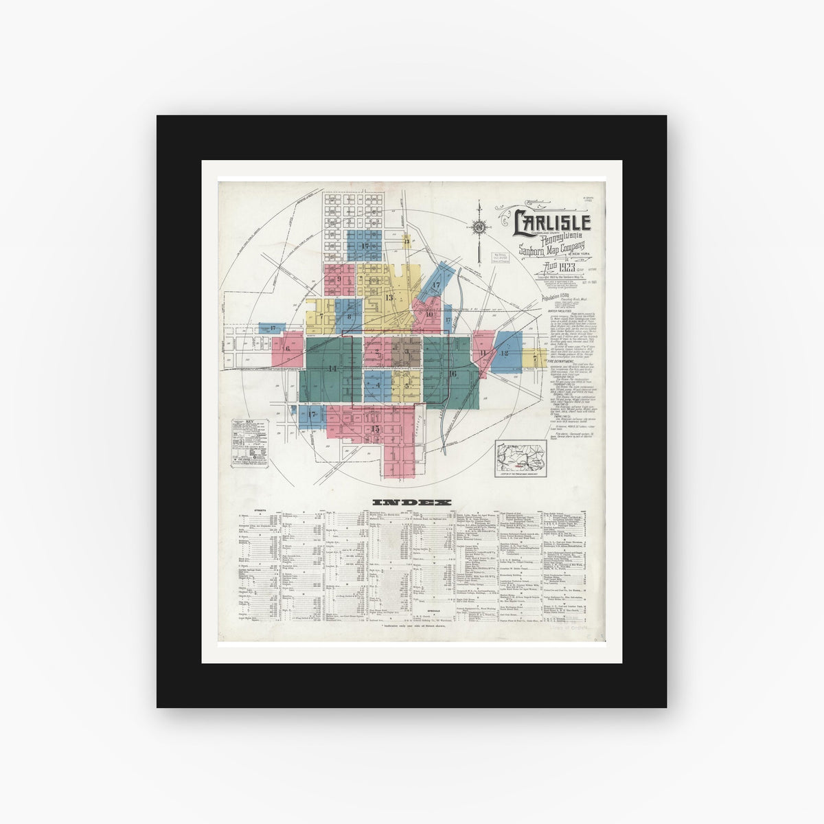 Old map wall art mockup — black gallery frame with white mat — Sanborn Fire Insurance Map from Carlisle, Cumberland County, Pennsylvania (1923) - Complete Map Set
