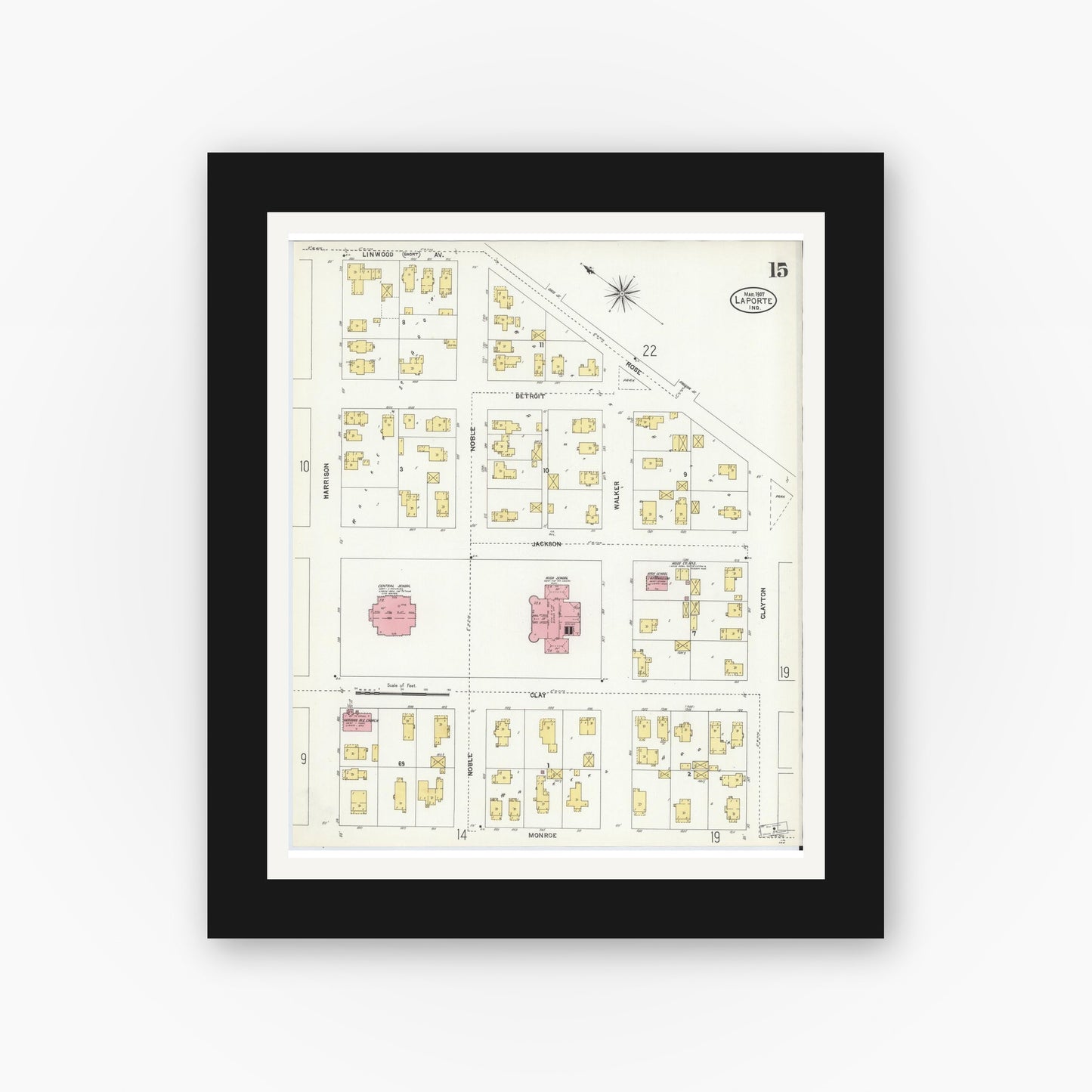 Old map wall art mockup — black gallery frame with white mat — Sanborn Fire Insurance Map from La Porte, La Porte County, Indiana (1907), Sheet #0015