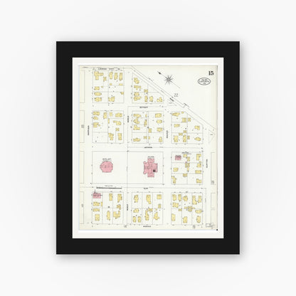 Old map wall art mockup — black gallery frame with white mat — Sanborn Fire Insurance Map from La Porte, La Porte County, Indiana (1907), Sheet #0015