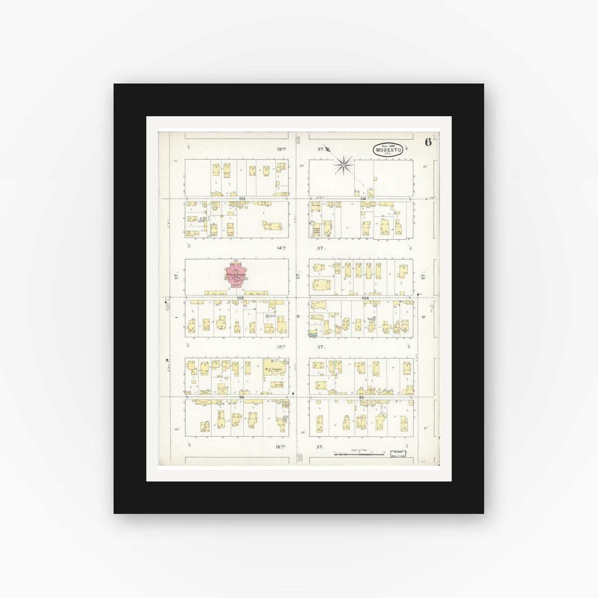 Old map wall art mockup — black gallery frame with white mat — Sanborn Fire Insurance Map from Modesto, Stanislaus County, California (1894), Sheet #0006
