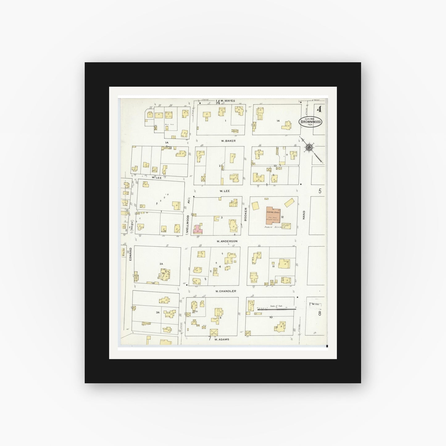 Old map wall art mockup — black gallery frame with white mat — Sanborn Fire Insurance Map from Brownwood, Brown County, Texas (1909), Sheet #0004
