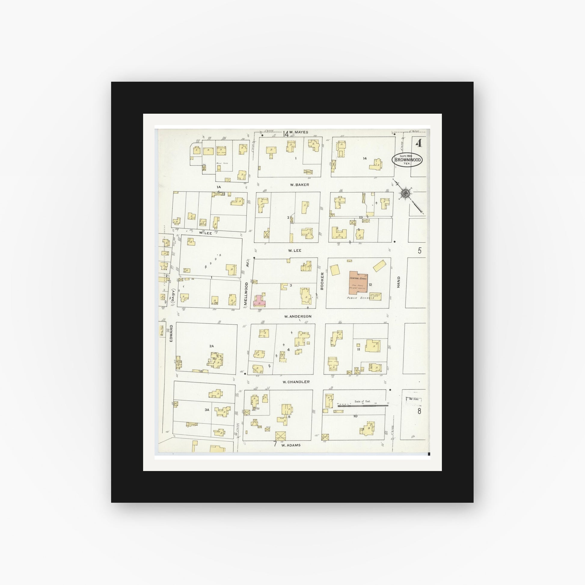 Old map wall art mockup — black gallery frame with white mat — Sanborn Fire Insurance Map from Brownwood, Brown County, Texas (1909), Sheet #0004