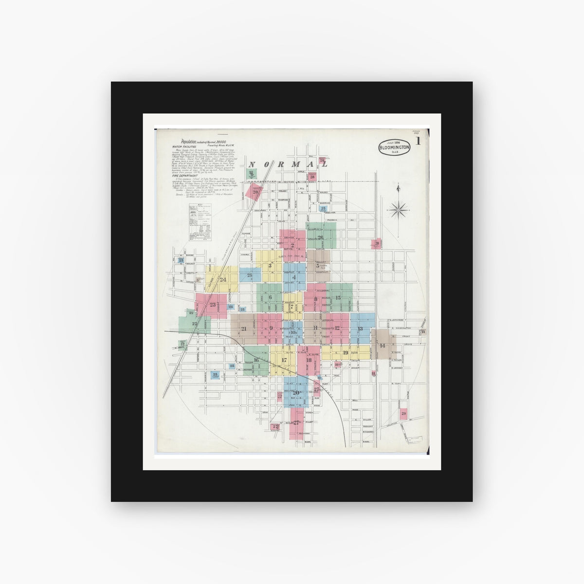 Old map wall art mockup — black gallery frame with white mat — Sanborn Fire Insurance Map from Bloomington, McLean County, Illinois (1896) - Complete Map Set