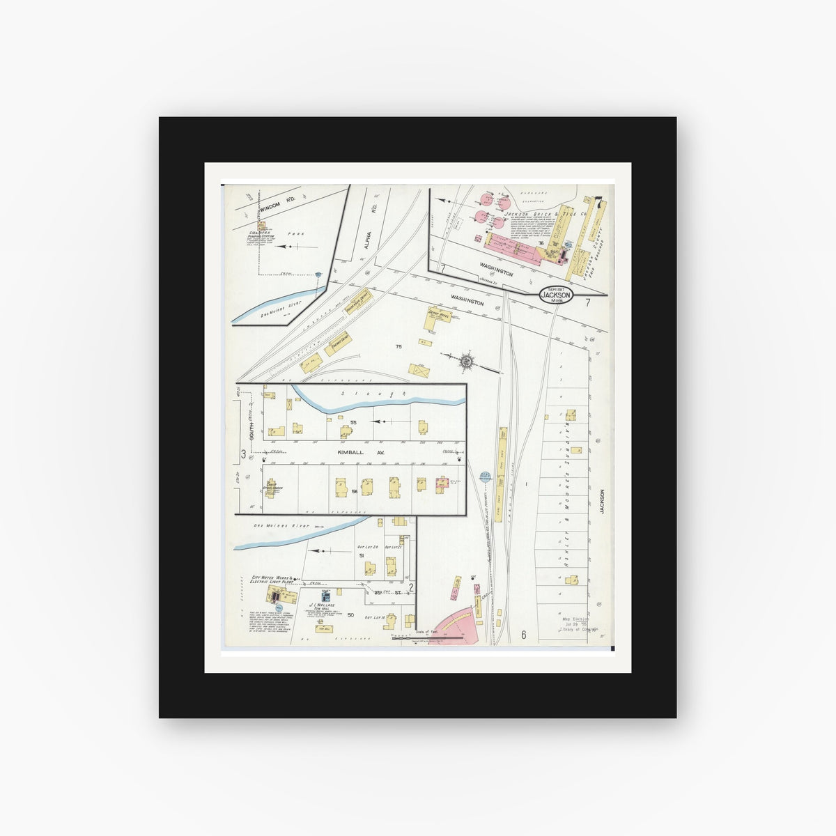 Old map wall art mockup — black gallery frame with white mat — Sanborn Fire Insurance Map from Jackson, Jackson County, Minnesota (1917), Sheet #0007