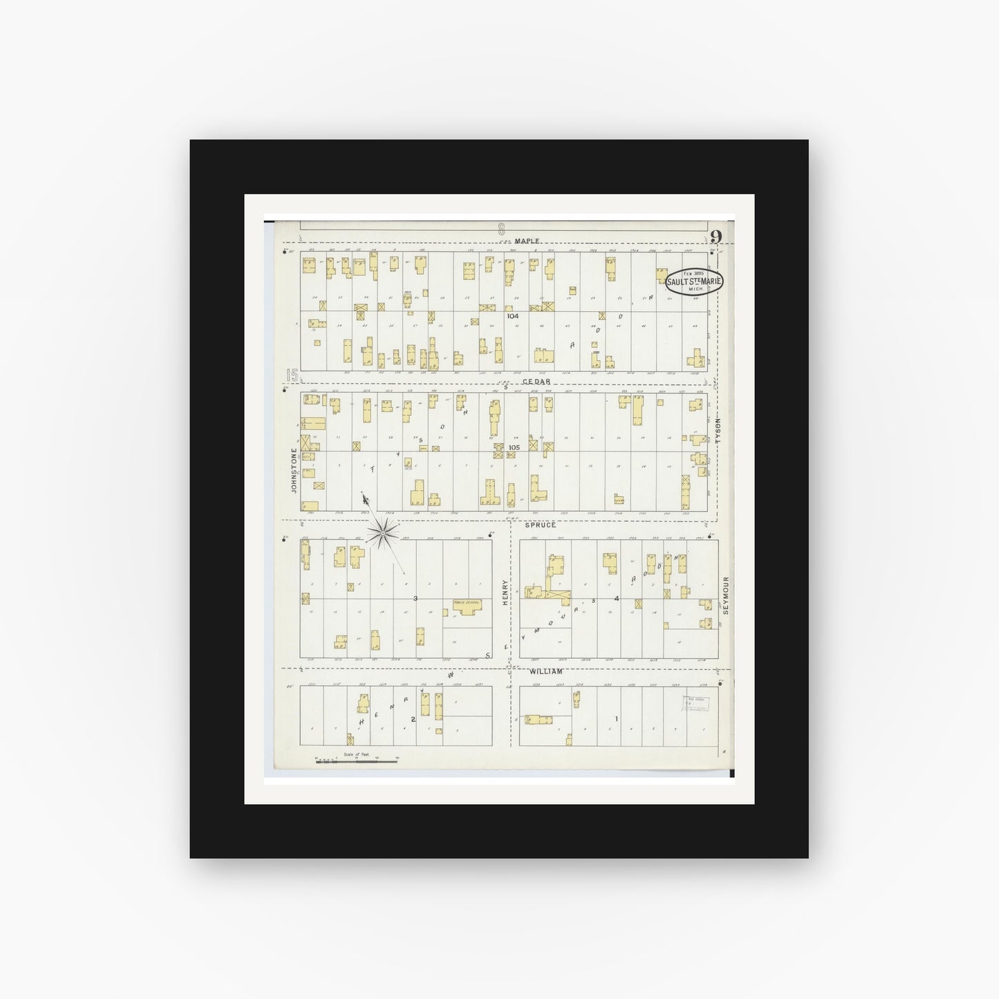 Old map wall art mockup — black gallery frame with white mat — Sanborn Fire Insurance Map from Sault Sainte Marie, Chippewa County, Michigan (1895), Sheet #0009