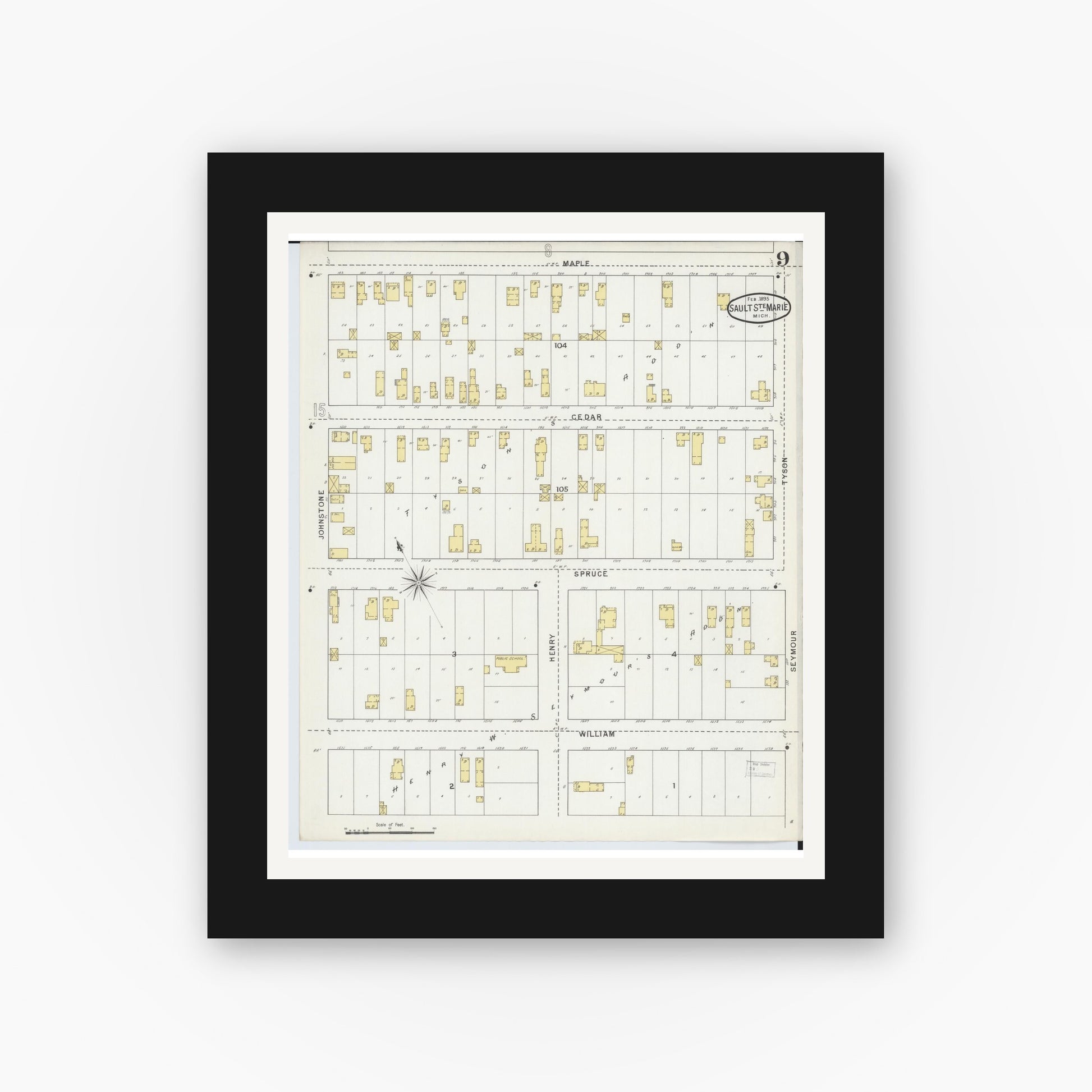 Old map wall art mockup — black gallery frame with white mat — Sanborn Fire Insurance Map from Sault Sainte Marie, Chippewa County, Michigan (1895), Sheet #0009