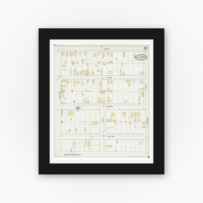 Old map wall art mockup — black gallery frame with white mat — Sanborn Fire Insurance Map from Sault Sainte Marie, Chippewa County, Michigan (1895), Sheet #0009