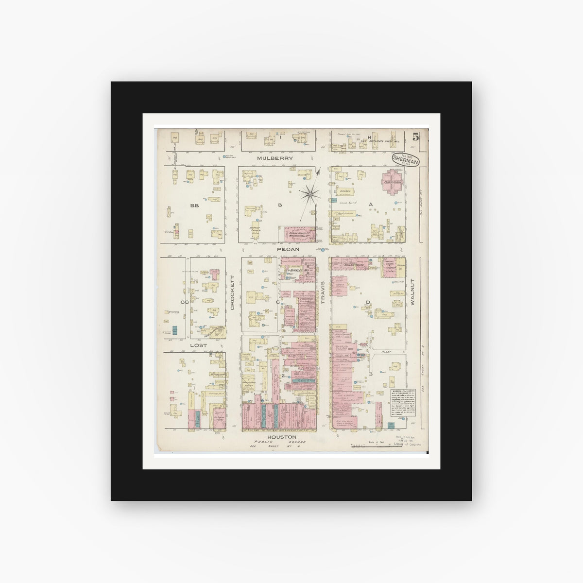 Old map wall art mockup — black gallery frame with white mat — Sanborn Fire Insurance Map from Sherman, Grayson County, Texas (1885), Sheet #0005