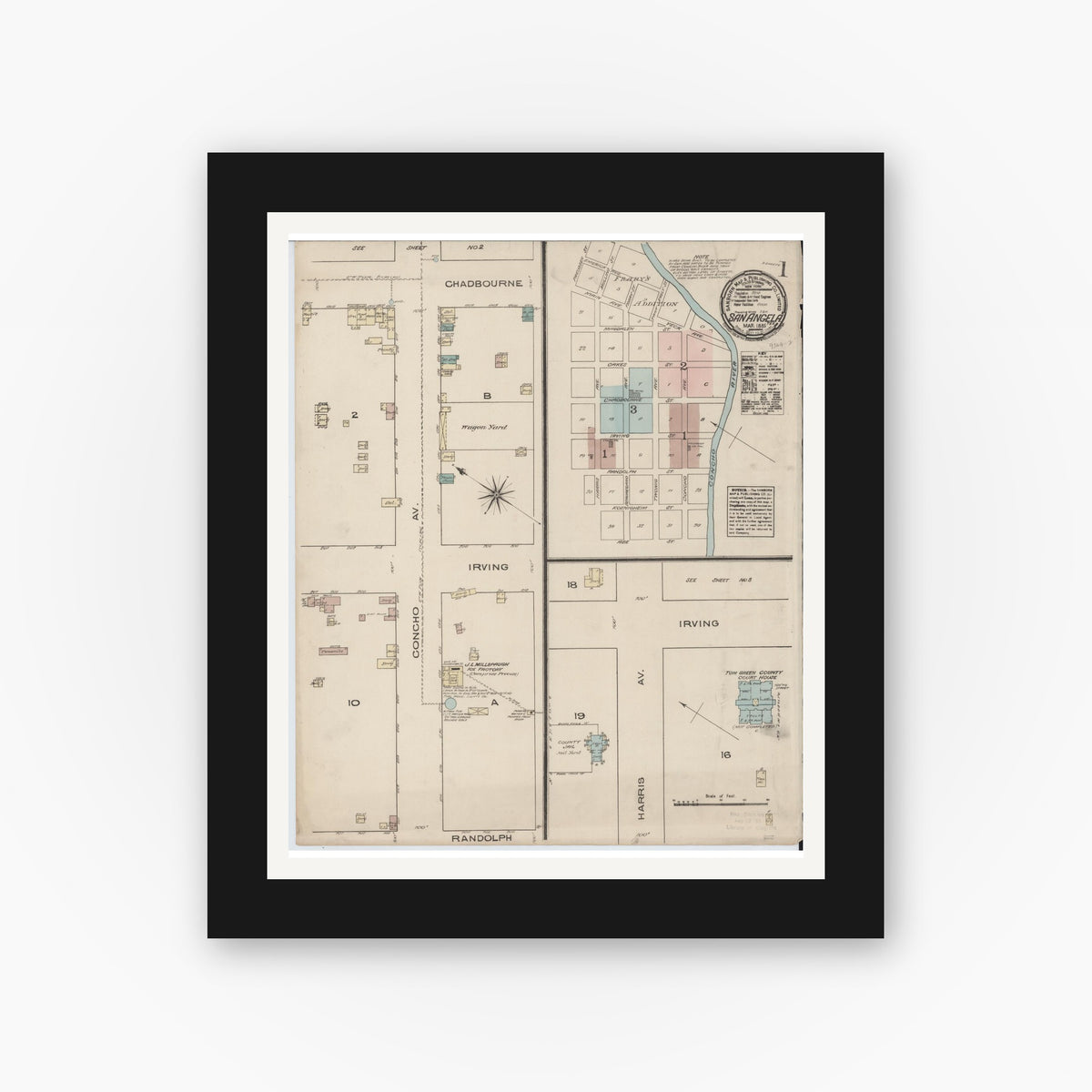 Old map wall art mockup — black gallery frame with white mat — Sanborn Fire Insurance Map from San Angelo, Tom Green County, Texas (1885) - Complete Map Set
