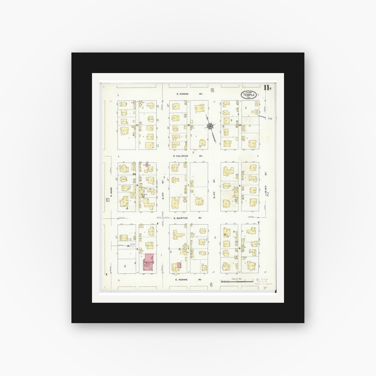 Old map wall art mockup — black gallery frame with white mat — Sanborn Fire Insurance Map from Temple, Bell County, Texas (1910), Sheet #0011