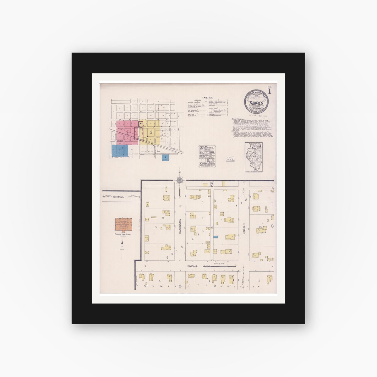 Old map wall art mockup — black gallery frame with white mat — Sanborn Fire Insurance Map from Tampico, Whiteside County, Illinois (1921) - Complete Map Set