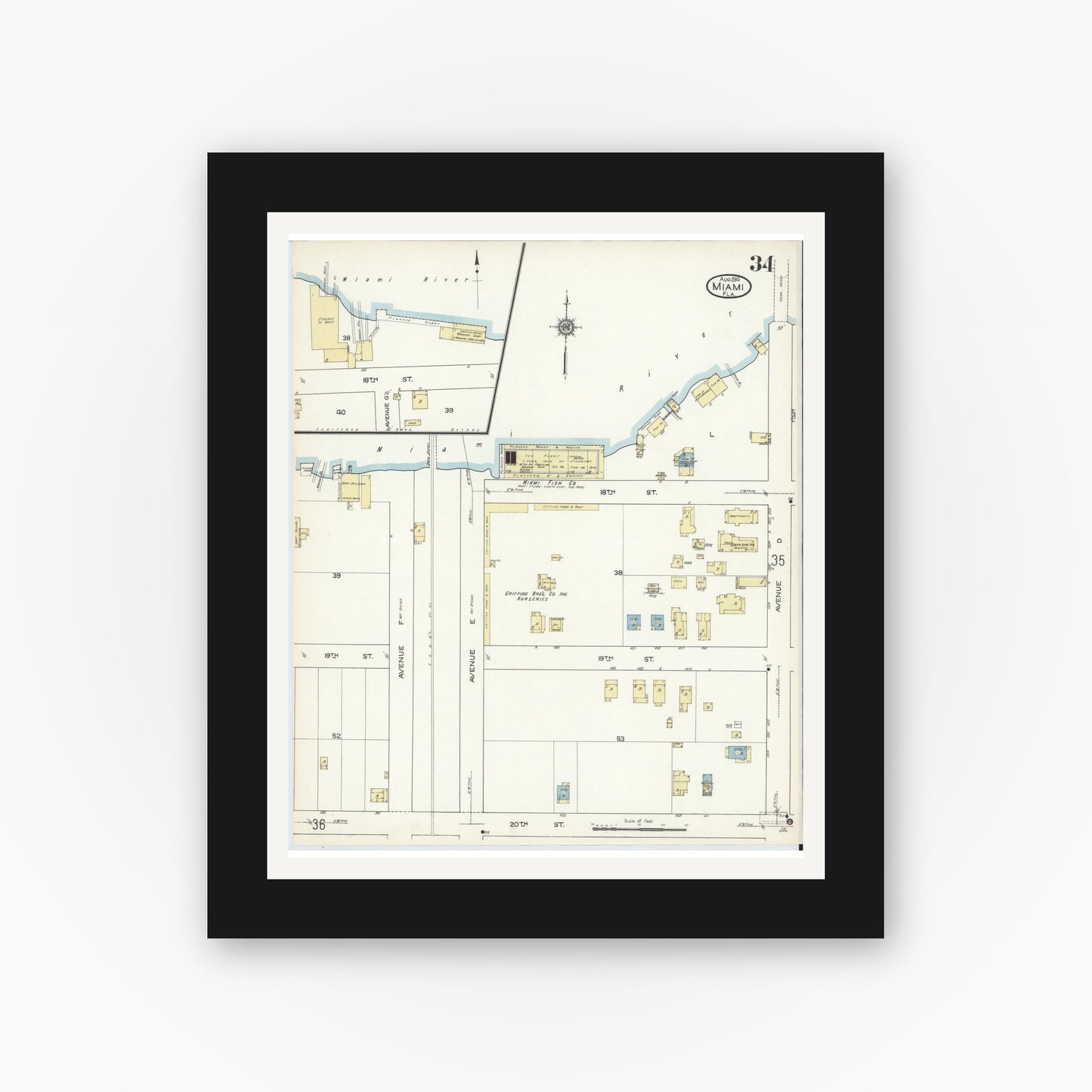 Old map wall art mockup — black gallery frame with white mat — Sanborn Fire Insurance Map from Miami, Dade County, Florida (1914), Sheet #0034