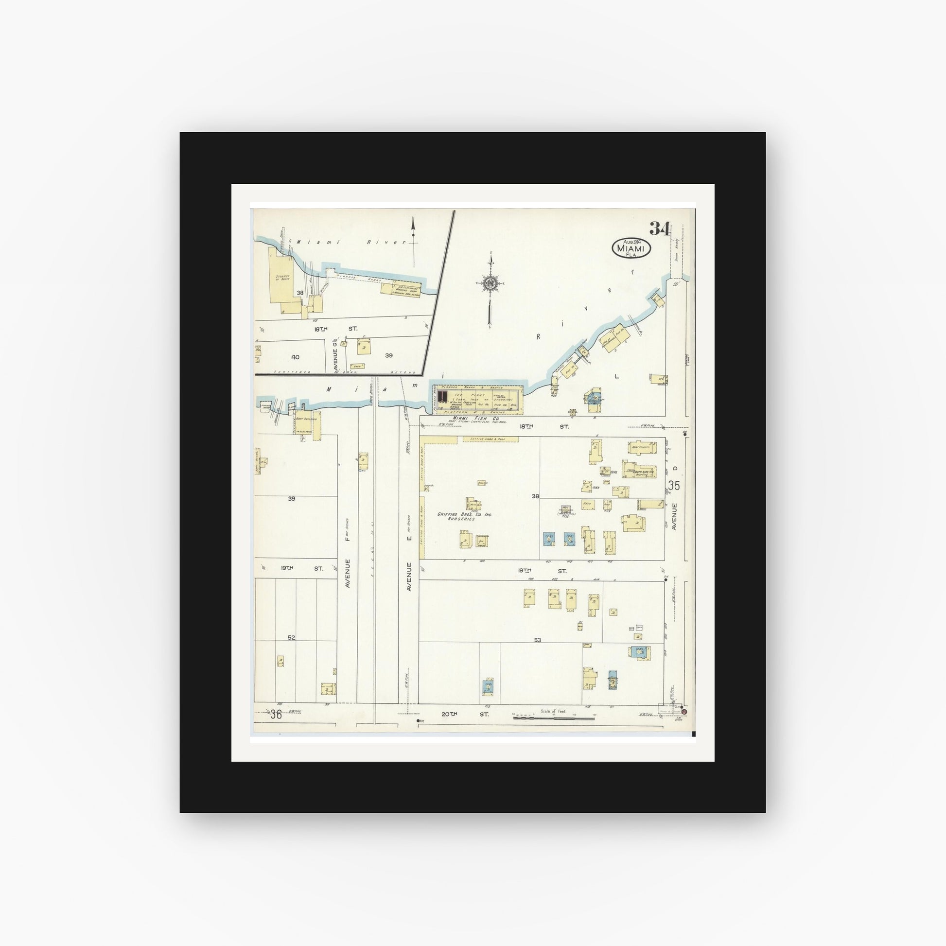 Old map wall art mockup — black gallery frame with white mat — Sanborn Fire Insurance Map from Miami, Dade County, Florida (1914), Sheet #0034