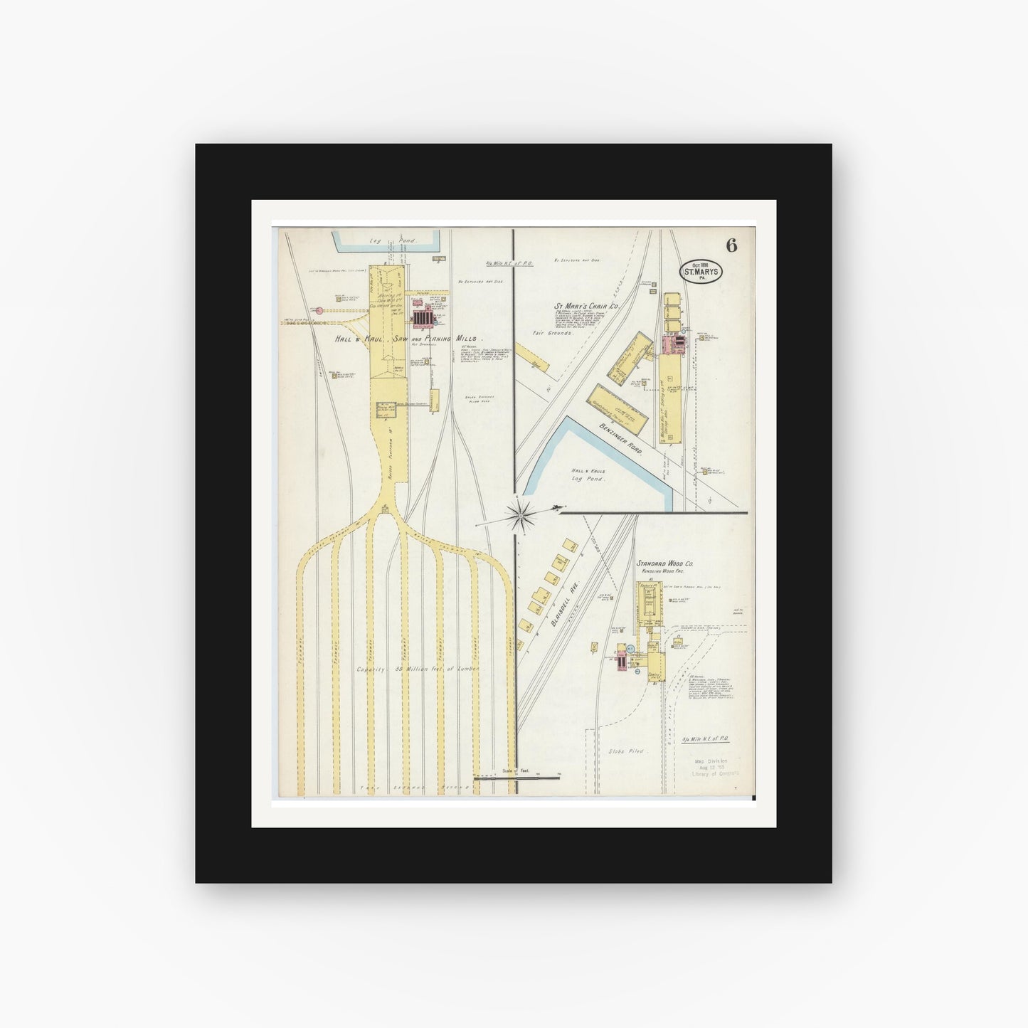 Old map wall art mockup — black gallery frame with white mat — Sanborn Fire Insurance Map from Saint Marys, Elk County, Pennsylvania (1898), Sheet #0006