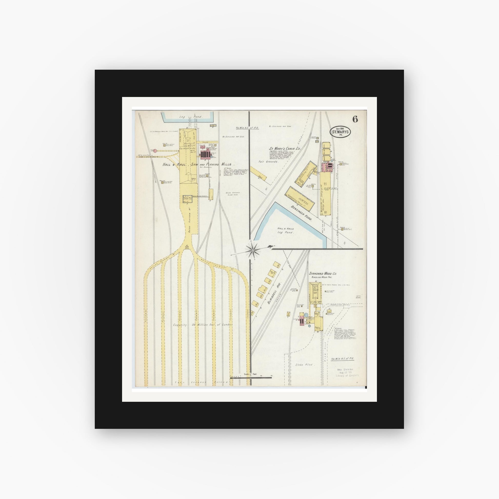 Old map wall art mockup — black gallery frame with white mat — Sanborn Fire Insurance Map from Saint Marys, Elk County, Pennsylvania (1898), Sheet #0006