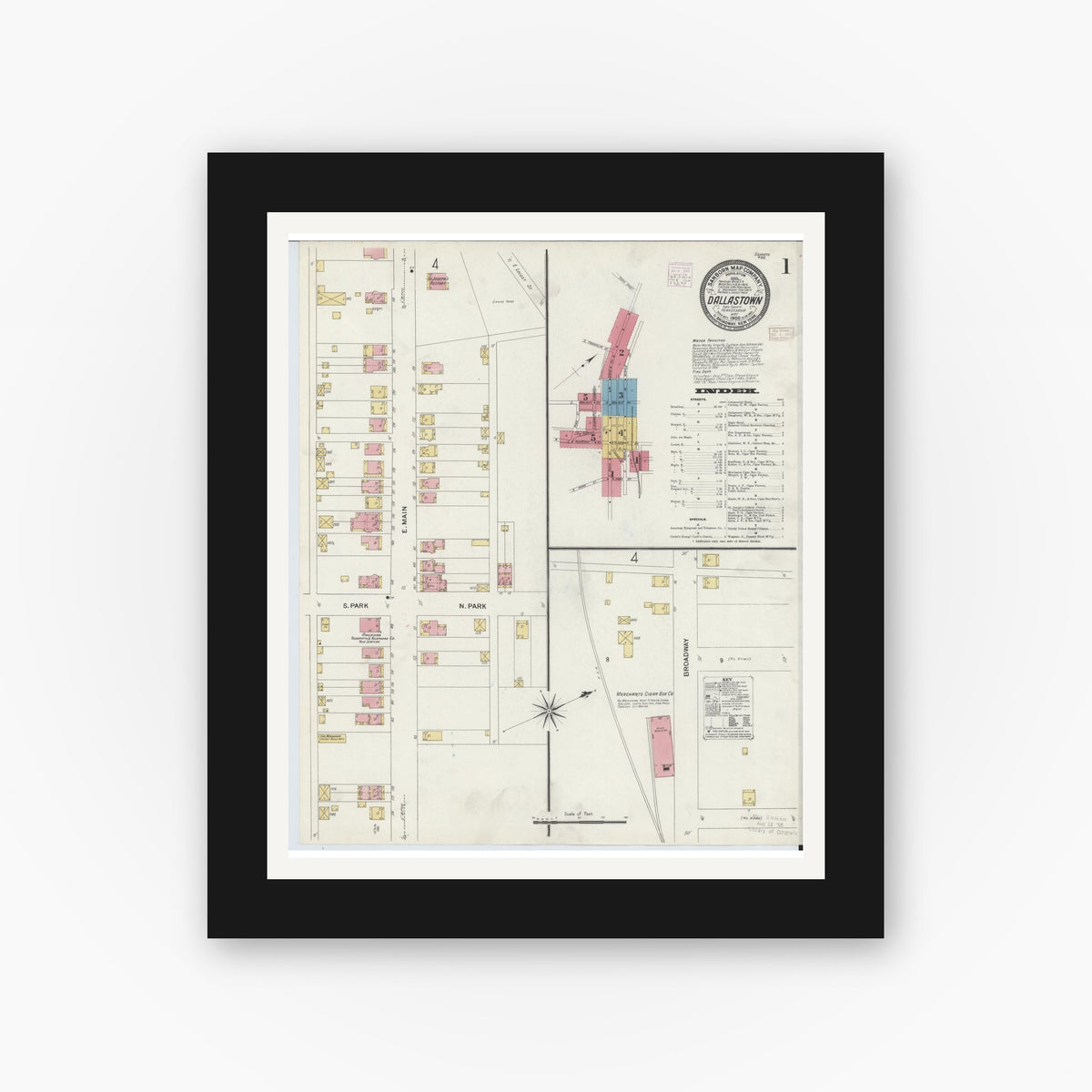 Old map wall art mockup — black gallery frame with white mat — Sanborn Fire Insurance Map from Dallastown, York County, Pennsylvania (1908), Sheet #0001