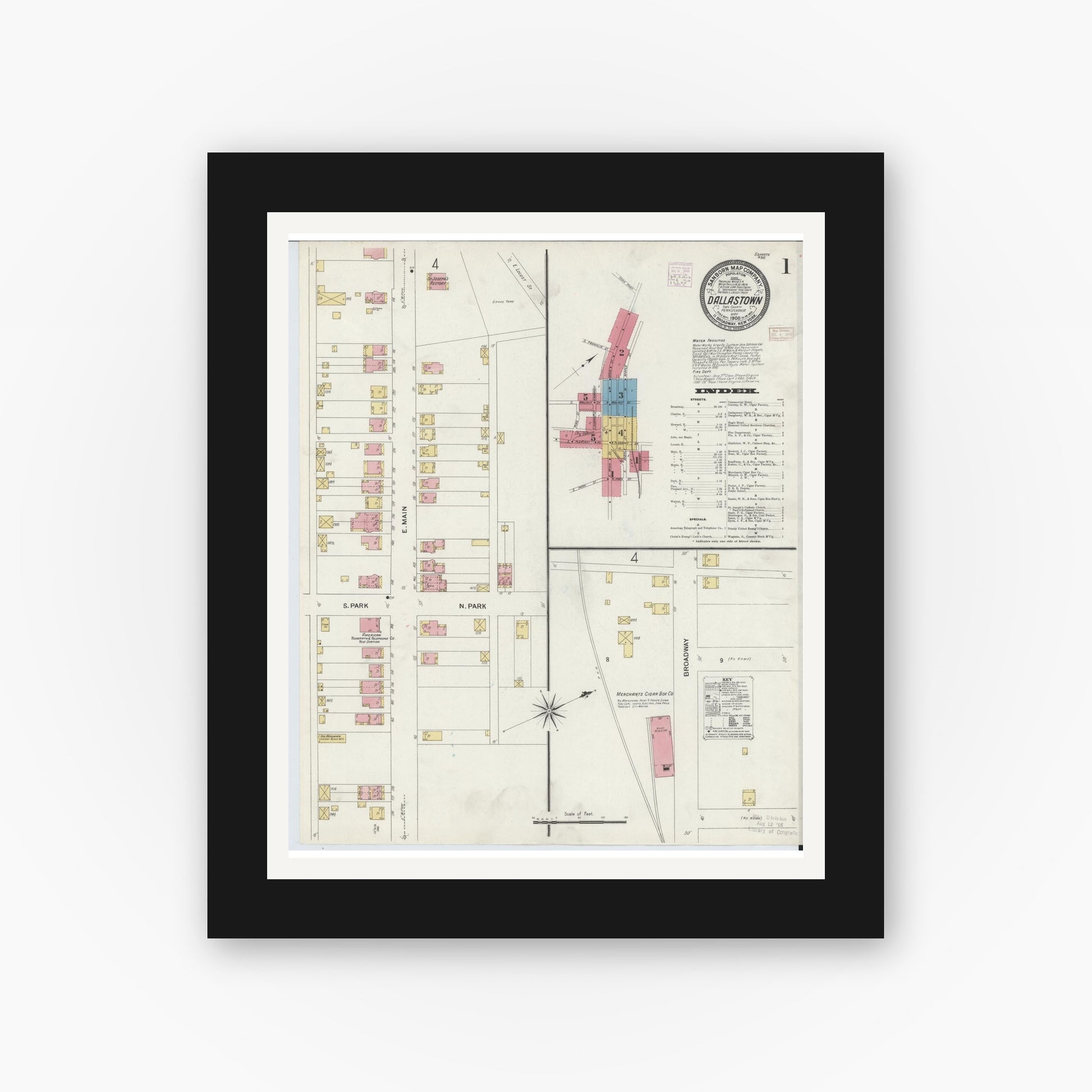 Old map wall art mockup — black gallery frame with white mat — Sanborn Fire Insurance Map from Dallastown, York County, Pennsylvania (1908), Sheet #0001