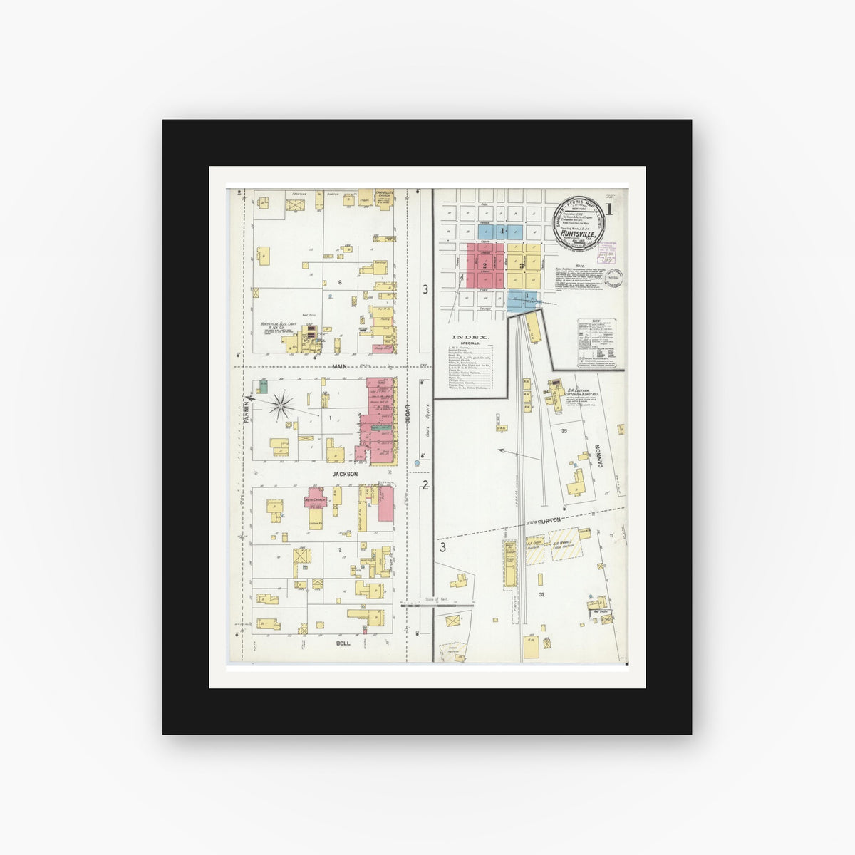 Old map wall art mockup — black gallery frame with white mat — Sanborn Fire Insurance Map from Huntsville, Walker County, Texas (1901) - Complete Map Set