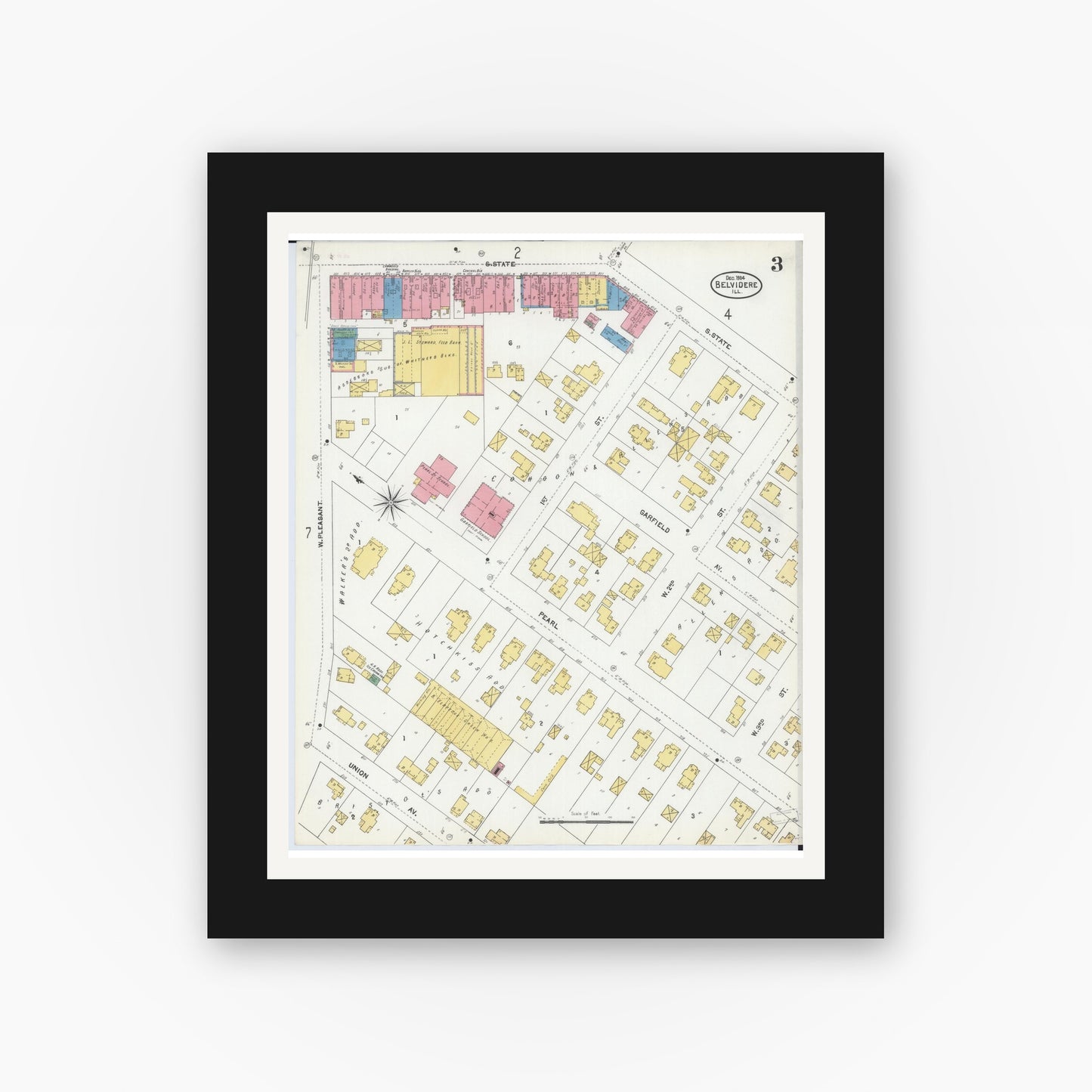 Old map wall art mockup — black gallery frame with white mat — Sanborn Fire Insurance Map from Belvidere, Boone County, Illinois (1904), Sheet #0003