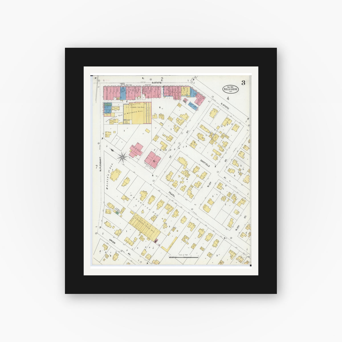 Old map wall art mockup — black gallery frame with white mat — Sanborn Fire Insurance Map from Belvidere, Boone County, Illinois (1904), Sheet #0003