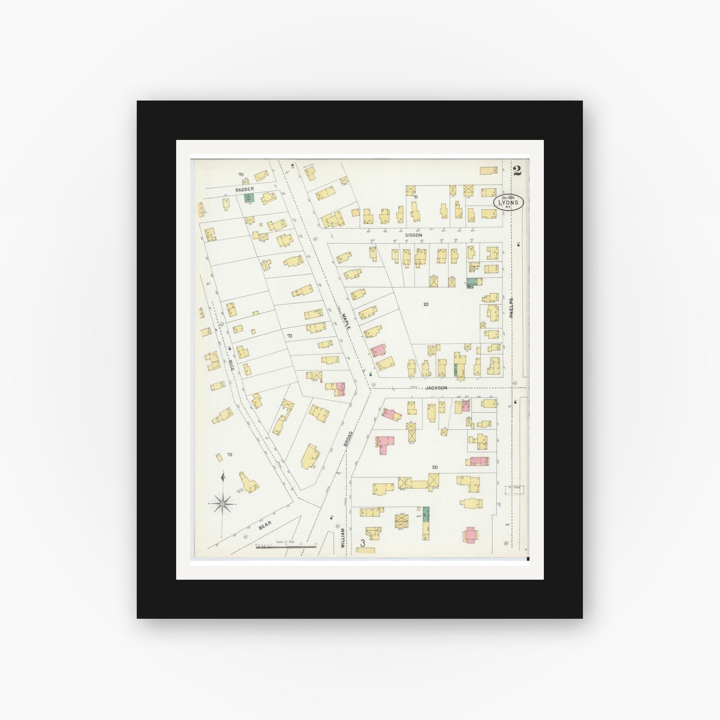 Old map wall art mockup — black gallery frame with white mat — Sanborn Fire Insurance Map from Lyons, Wayne County, New York (1899) - Complete Map Set