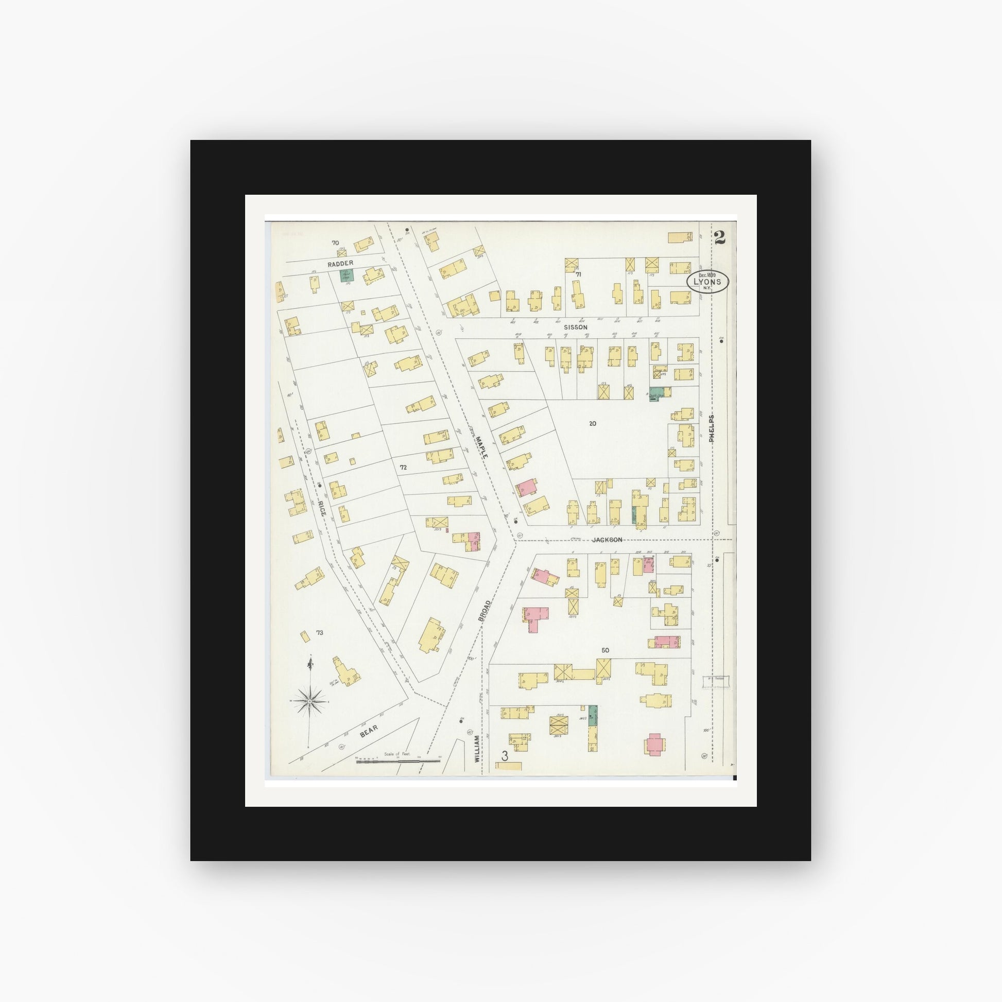 Old map wall art mockup — black gallery frame with white mat — Sanborn Fire Insurance Map from Lyons, Wayne County, New York (1899) - Complete Map Set