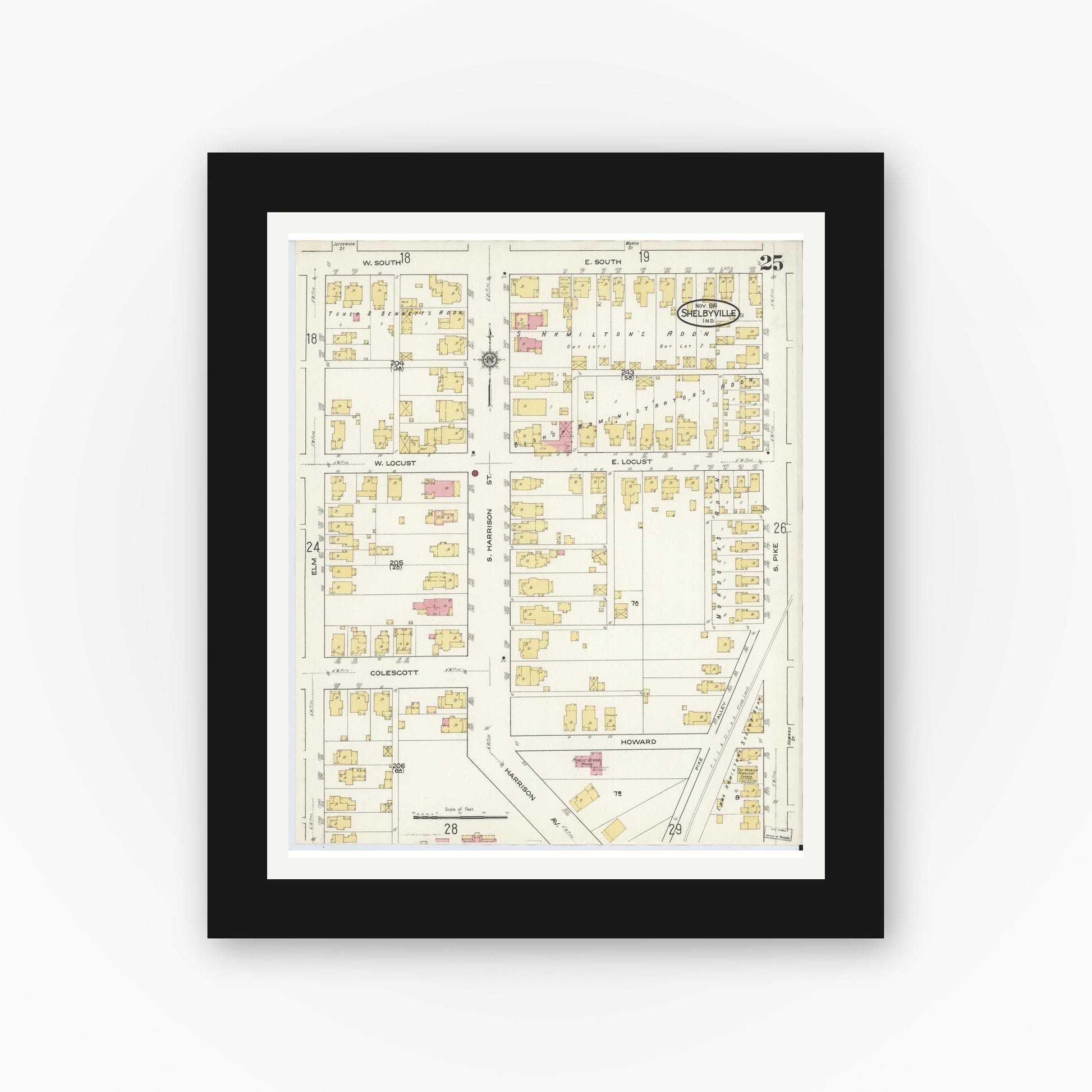 Old map wall art mockup — black gallery frame with white mat — Sanborn Fire Insurance Map from Shelbyville, Shelby County, Indiana (1916), Sheet #0025