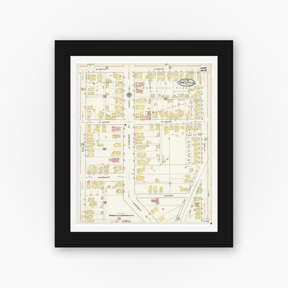 Old map wall art mockup — black gallery frame with white mat — Sanborn Fire Insurance Map from Shelbyville, Shelby County, Indiana (1916), Sheet #0025