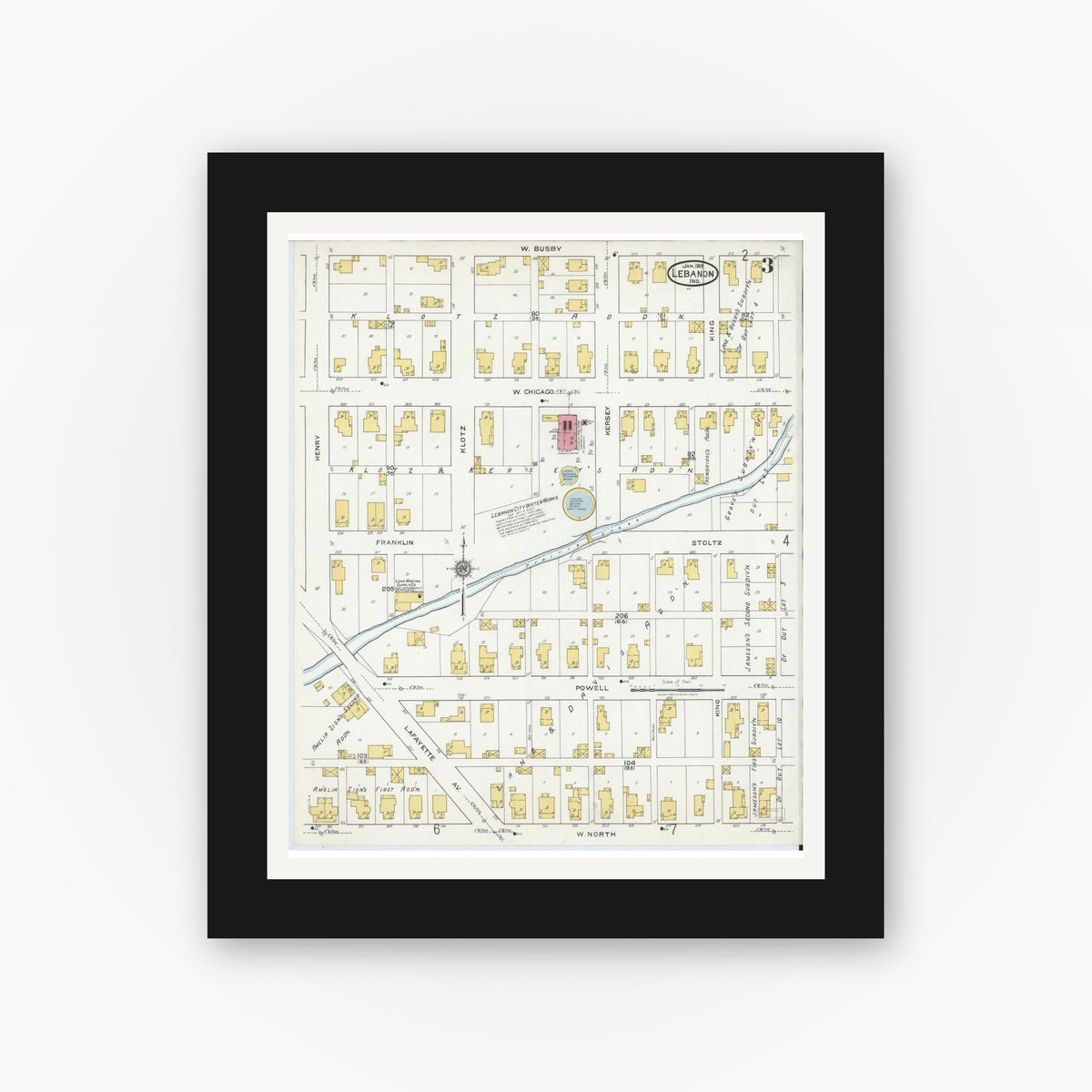 Old map wall art mockup — black gallery frame with white mat — Sanborn Fire Insurance Map from Lebanon, Boone County, Indiana (1919), Sheet #0003