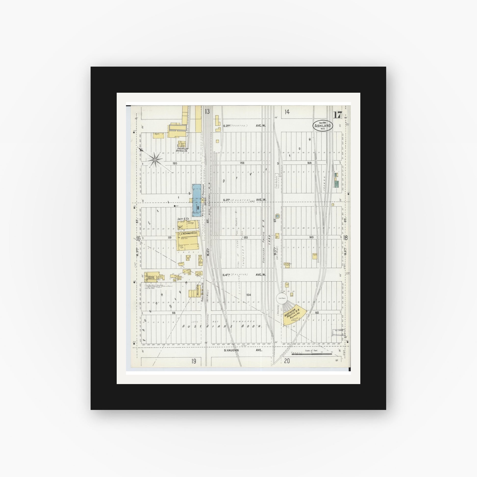 Old map wall art mockup — black gallery frame with white mat — Sanborn Fire Insurance Map from Ashland, Ashland County, Wisconsin (1901), Sheet #0017