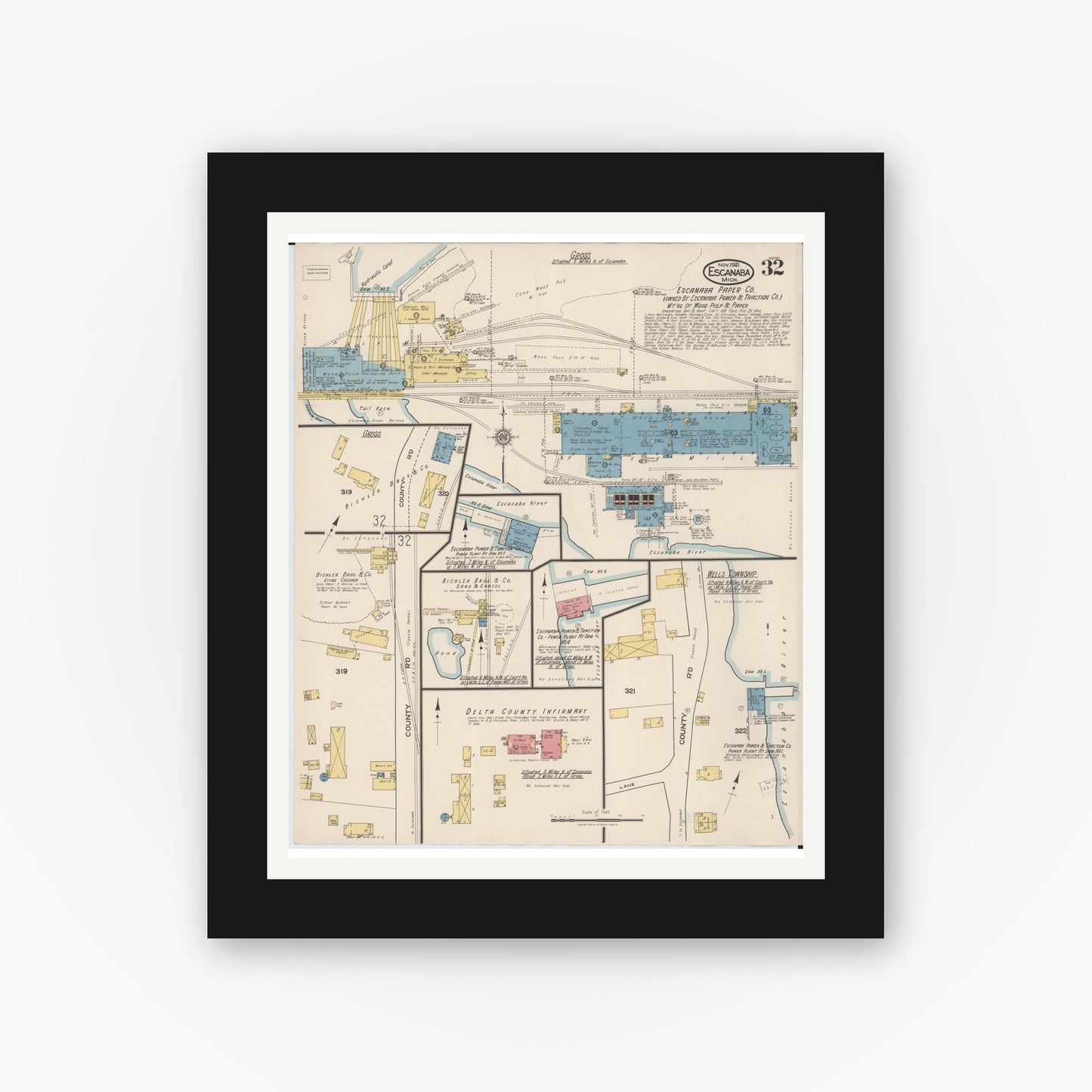 Old map wall art mockup — black gallery frame with white mat — Sanborn Fire Insurance Map from Escanaba, Delta County, Michigan (1921), Sheet #0032