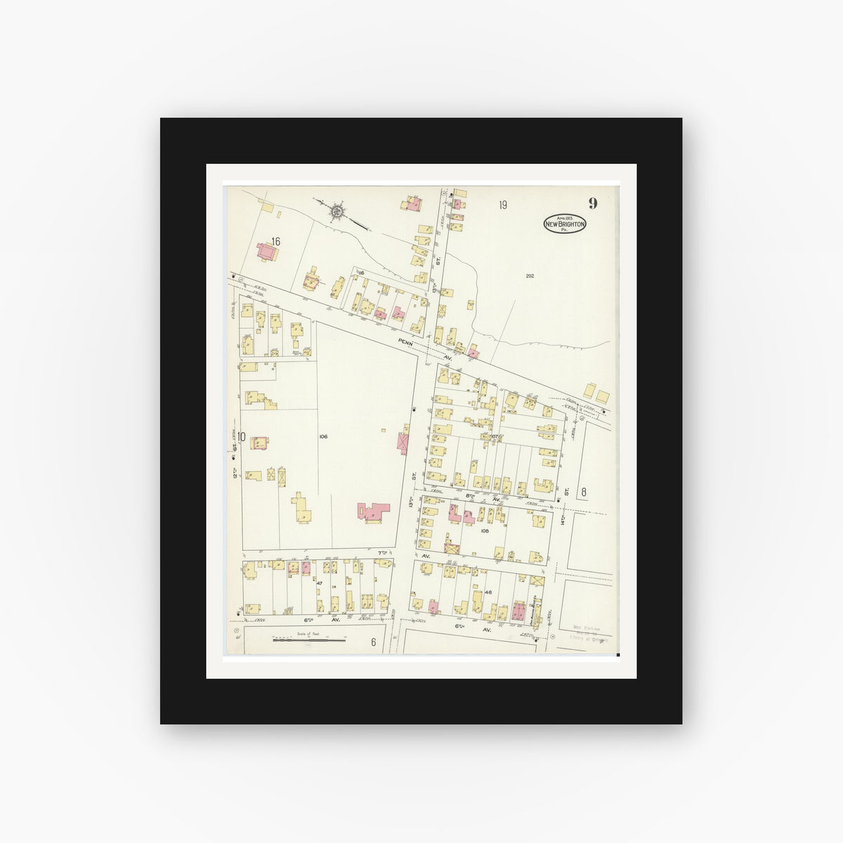 Old map wall art mockup — black gallery frame with white mat — Sanborn Fire Insurance Map from New Brighton, Beaver County, Pennsylvania (1913), Sheet #0009