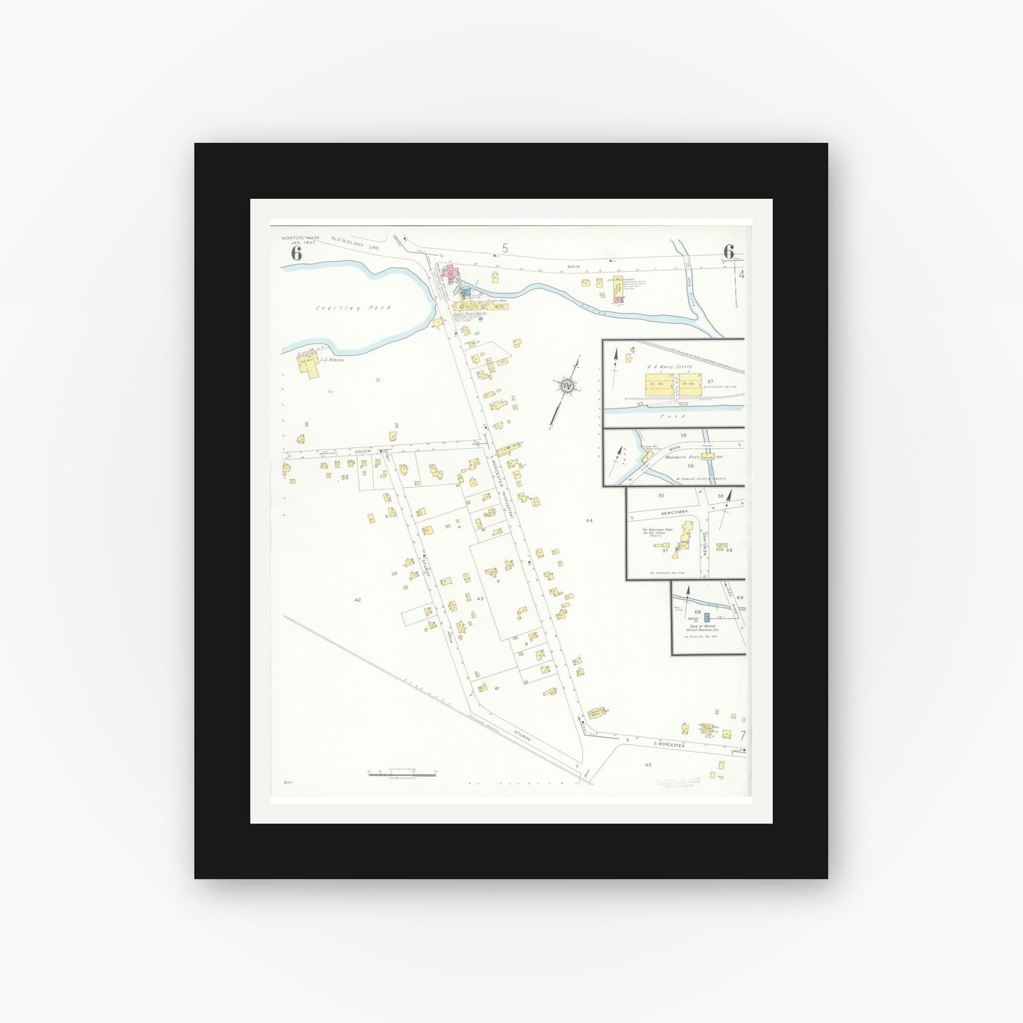 Old map wall art mockup — black gallery frame with white mat — Sanborn Fire Insurance Map from Norton, Bristol County, Massachusetts (1937), Sheet #0006
