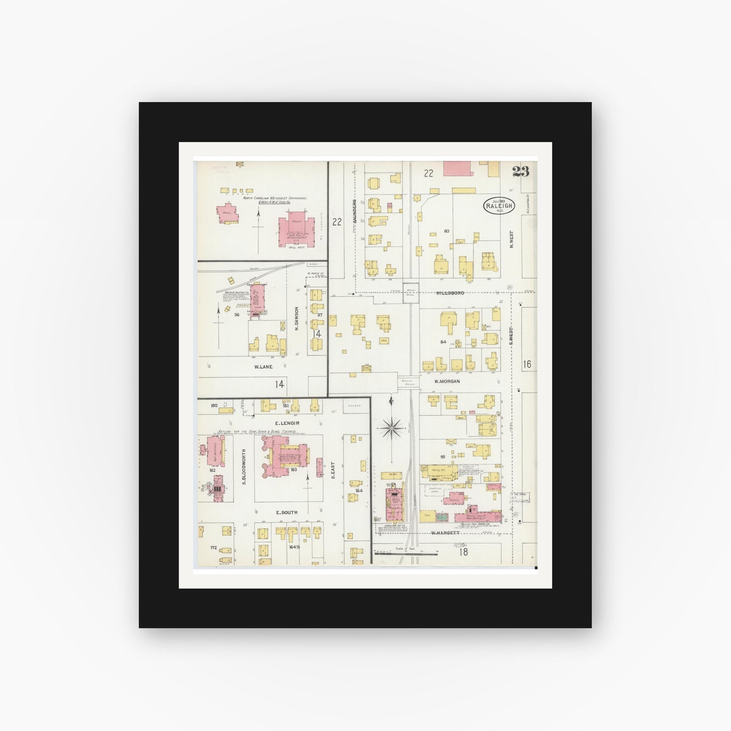Old map wall art mockup — black gallery frame with white mat — Sanborn Fire Insurance Map from Raleigh, Wake County, North Carolina (1903), Sheet #0023