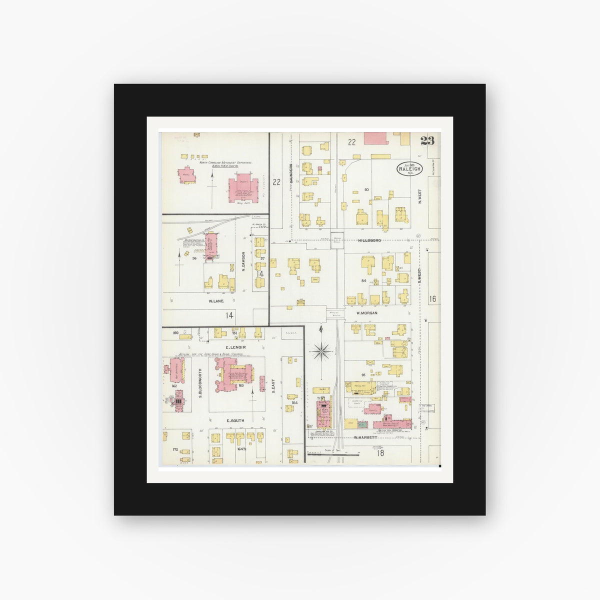 Old map wall art mockup — black gallery frame with white mat — Sanborn Fire Insurance Map from Raleigh, Wake County, North Carolina (1903), Sheet #0023