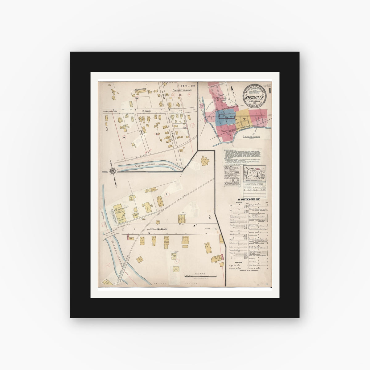 Old map wall art mockup — black gallery frame with white mat — Sanborn Fire Insurance Map from Knoxville, Tioga County, Pennsylvania (1934), Sheet #0001