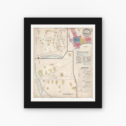 Old map wall art mockup — black gallery frame with white mat — Sanborn Fire Insurance Map from Knoxville, Tioga County, Pennsylvania (1934), Sheet #0001