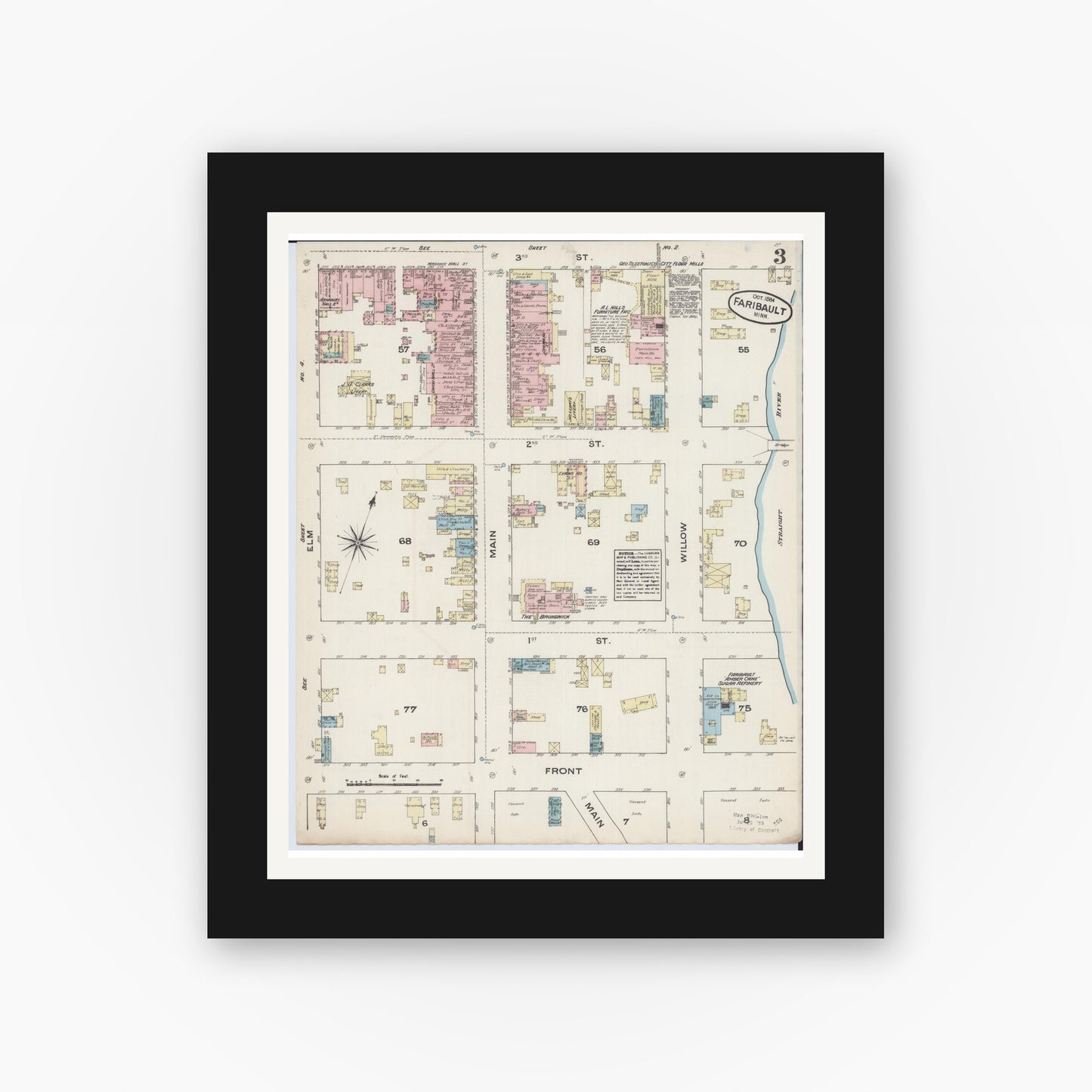 Old map wall art mockup — black gallery frame with white mat — Sanborn Fire Insurance Map from Faribault, Rice County, Minnesota (1884), Sheet #0003