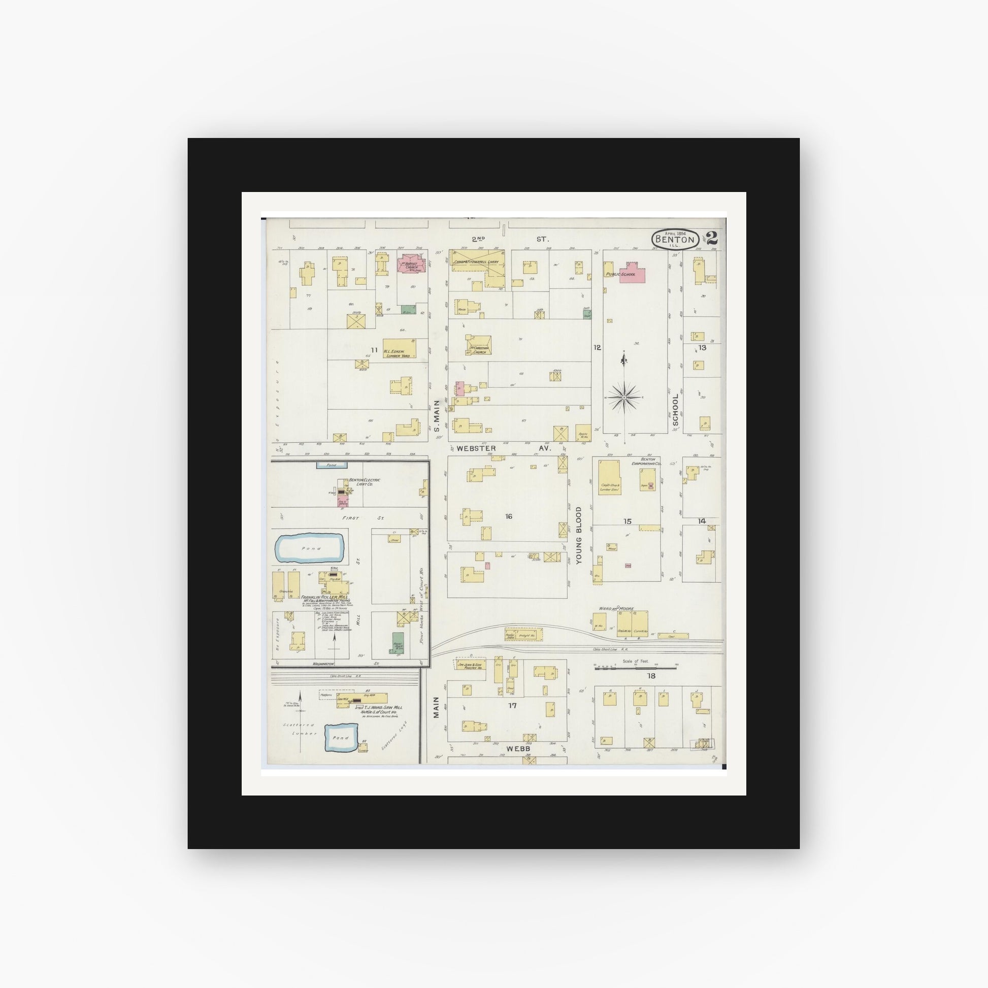 Old map wall art mockup — black gallery frame with white mat — Sanborn Fire Insurance Map from Benton, Franklin County, Illinois (1894), Sheet #0002