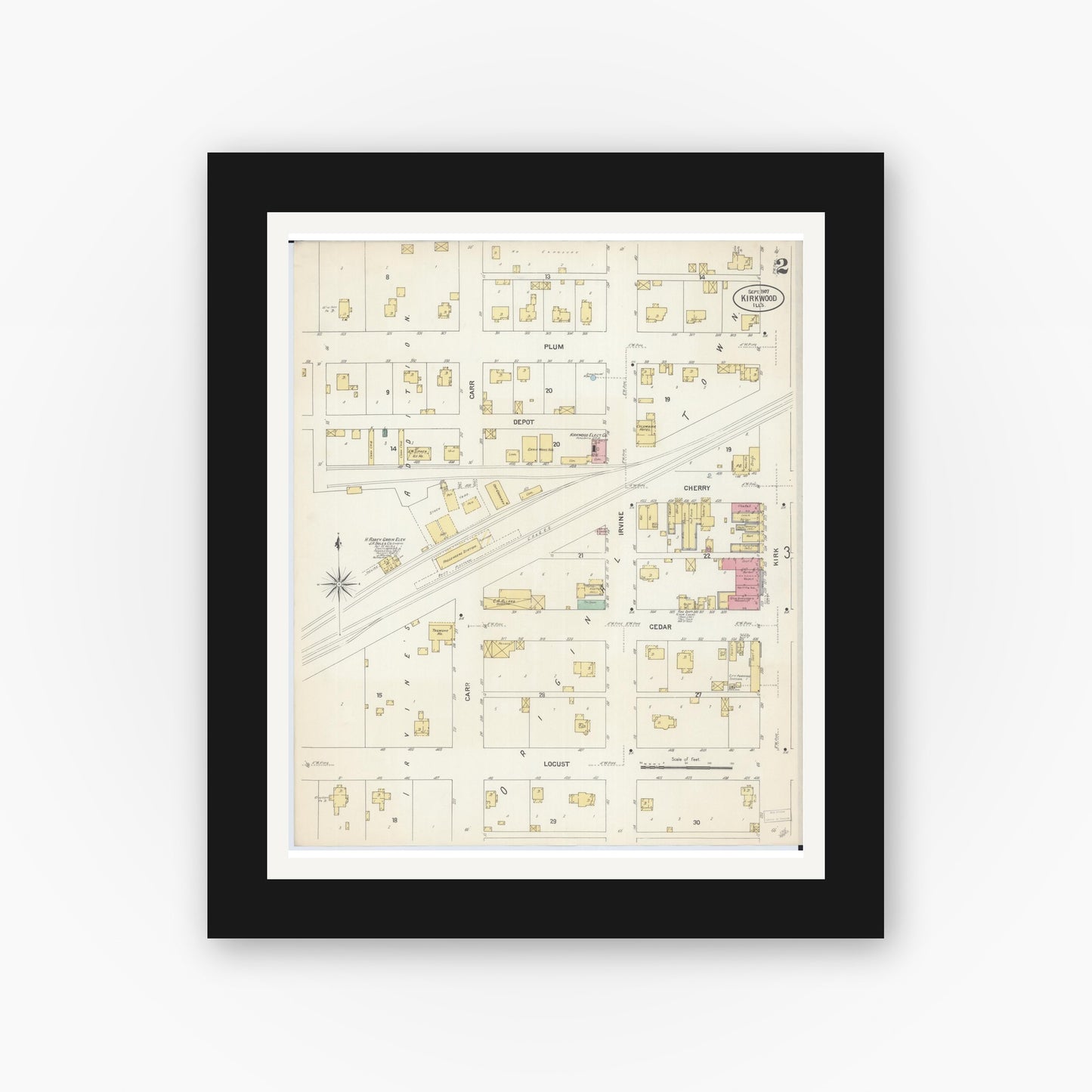 Old map wall art mockup — black gallery frame with white mat — Sanborn Fire Insurance Map from Kirkwood, Warren County, Illinois (1907), Sheet #0002