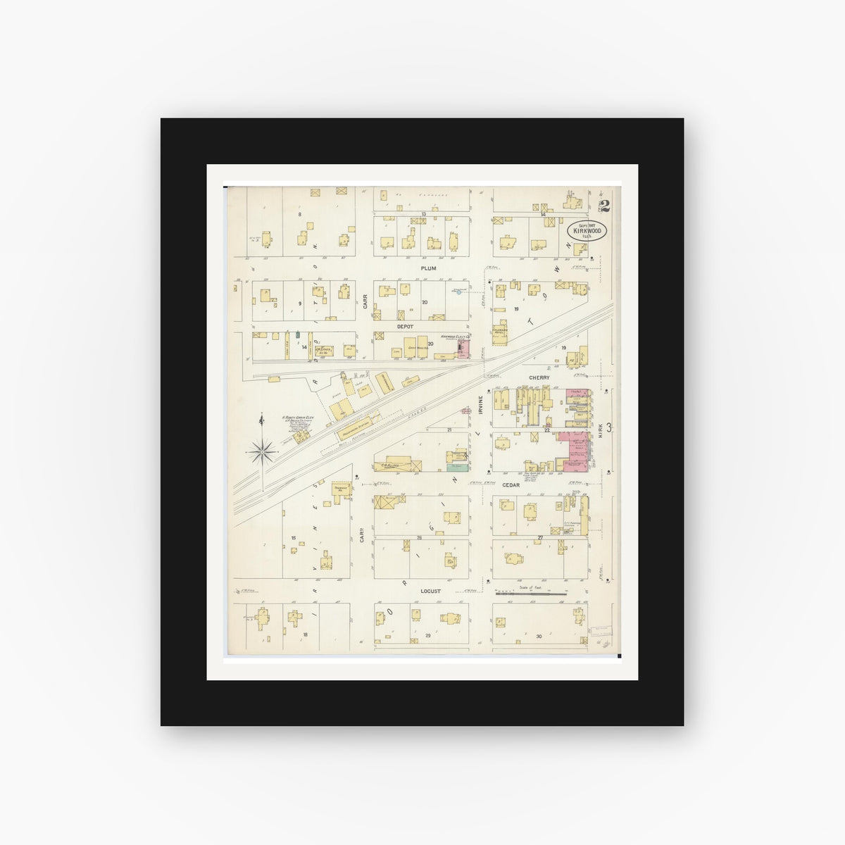Old map wall art mockup — black gallery frame with white mat — Sanborn Fire Insurance Map from Kirkwood, Warren County, Illinois (1907), Sheet #0002