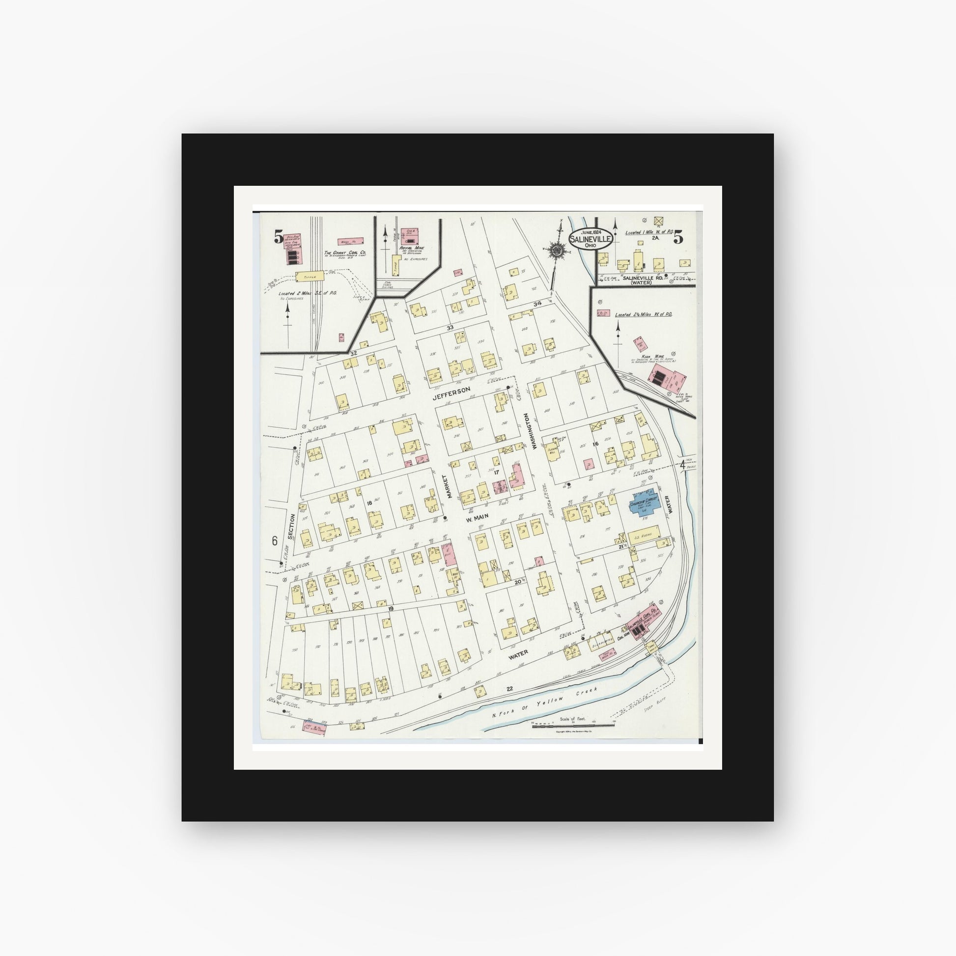 Old map wall art mockup — black gallery frame with white mat — Sanborn Fire Insurance Map from Salineville, Columbiana County, Ohio (1924), Sheet #0005