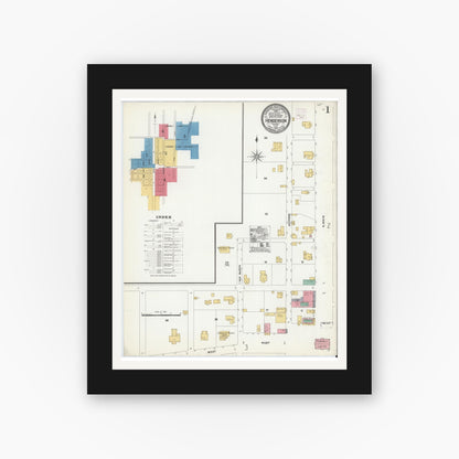 Old map wall art mockup — black gallery frame with white mat — Sanborn Fire Insurance Map from Henderson, Rusk County, Texas (1906), Sheet #0001