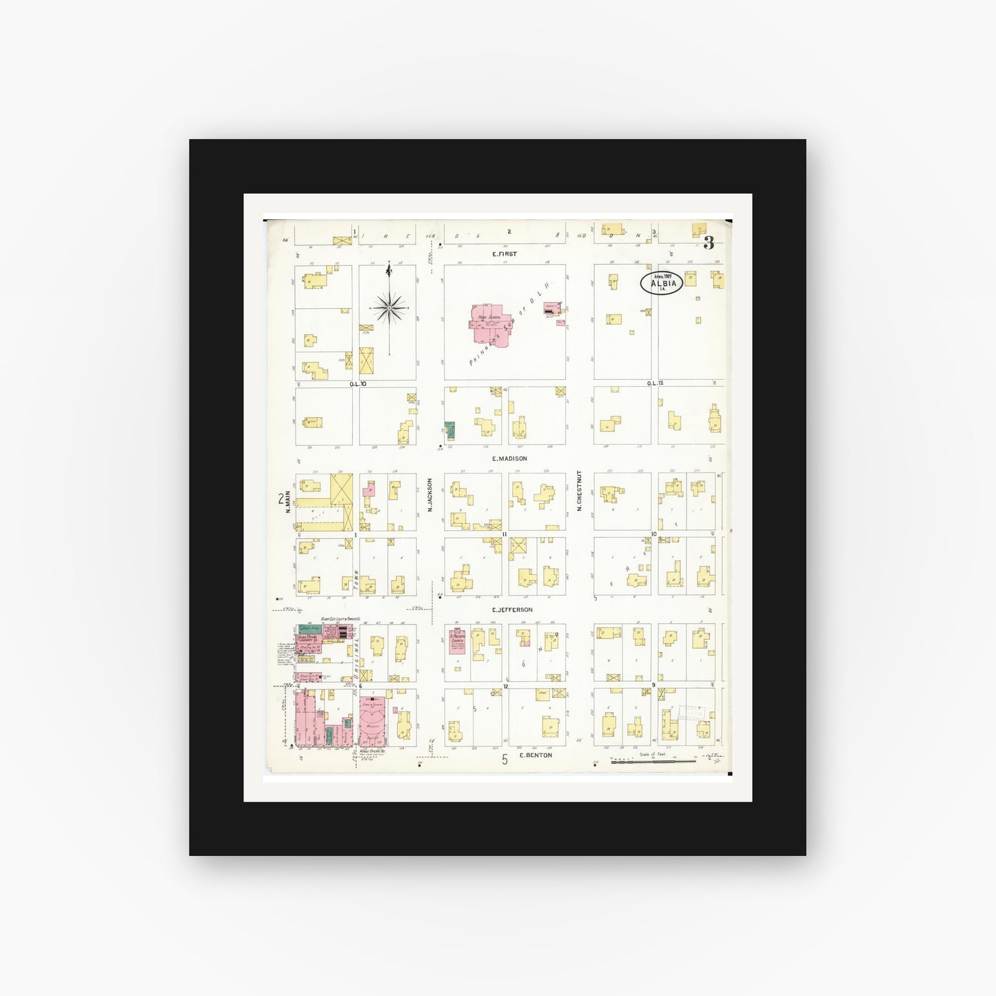 Old map wall art mockup — black gallery frame with white mat — Sanborn Fire Insurance Map from Albia, Monroe County, Iowa (1907), Sheet #0003